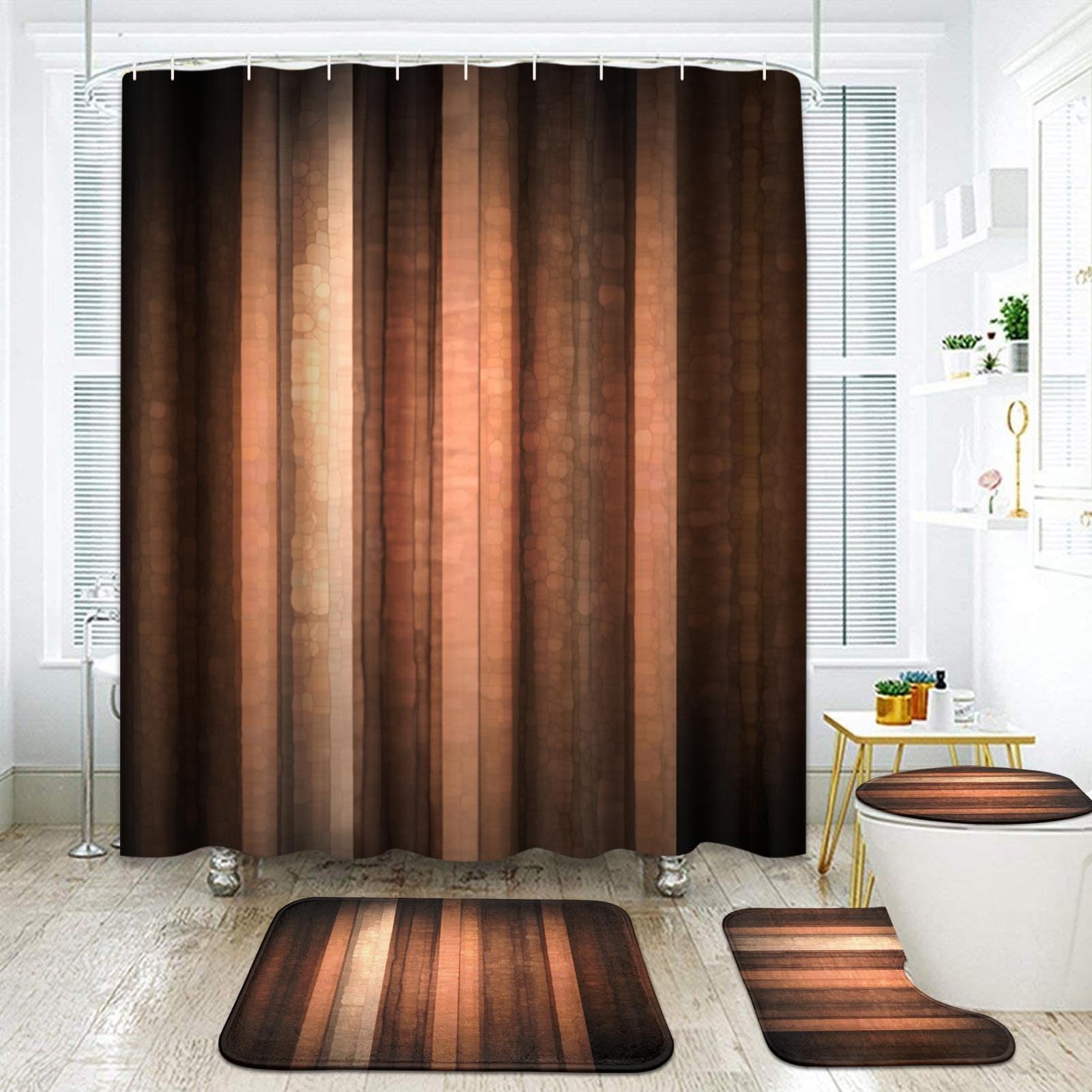 ArtSocket Orange Copper Pale Peach Bathroom Set - 4 Pcs Shower Curtain & Rugs Accessories, Abstract Fall Warm Artistic Vintage Decor for Bathroom, Perfect for Autumn Home Decor and Cozy Bathroom Makeover