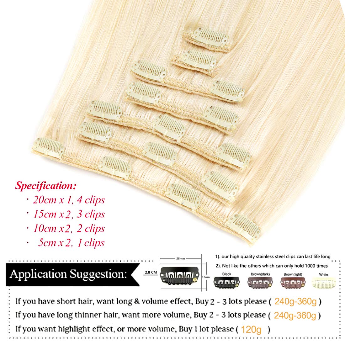 Clip in Hair Extensions 16 Inch Real Human Hair - 7pcs 120g Light Blonde #613 Thickened Straight Hair Weft | Perfect for Parties, Weddings & Daily Styling