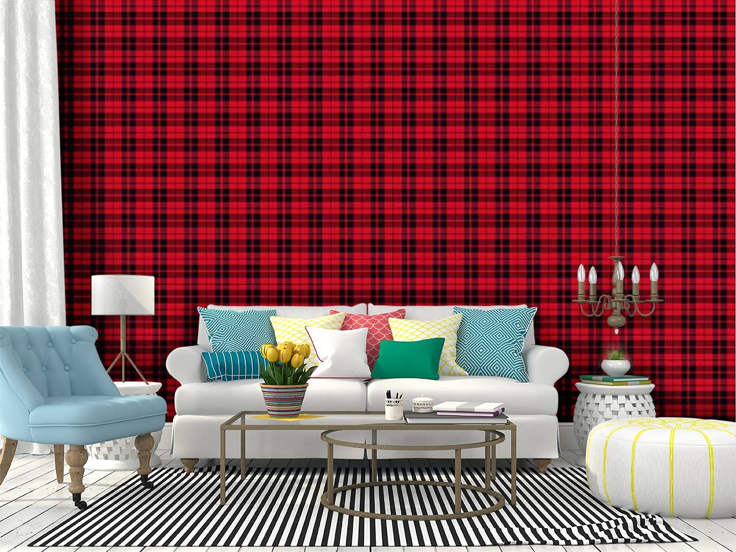 Red and Black Gingham Peel and Stick Wallpaper - Self-Adhesive Removable Vinyl Wall Mural for Kitchen, Dining Room, Bedroom Decor - Easy DIY Tablecloth Pattern Shelf Liner for Home Renovation