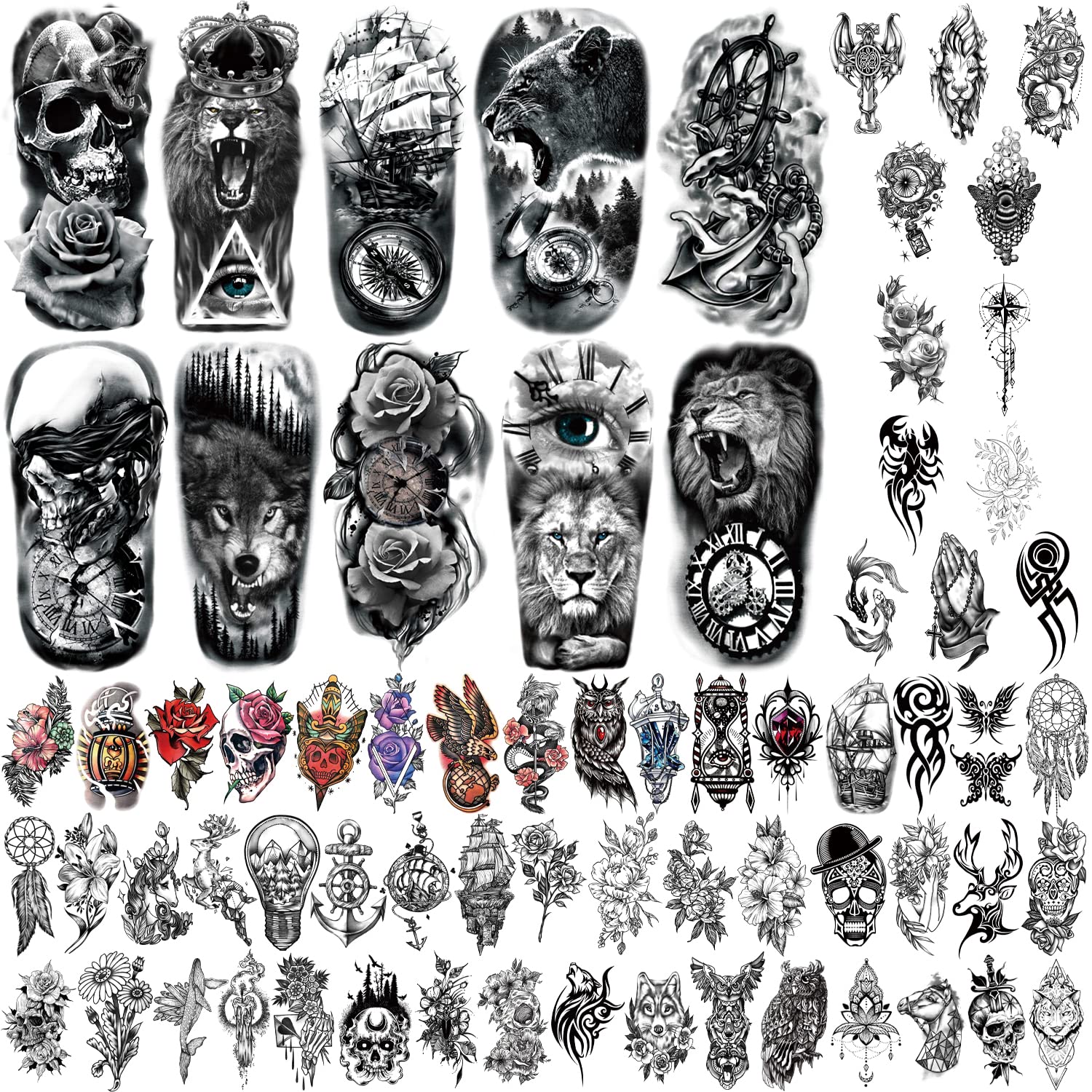 Waterproof Temporary Tattoos for Kids & Adults - 70 Sheets (10 Large Wolf/Tiger/Lion + 60 Small Flower/Snake/Bird Designs) - Fun Fake Tattoos for Parties, Halloween, Cosplay & Everyday Wear