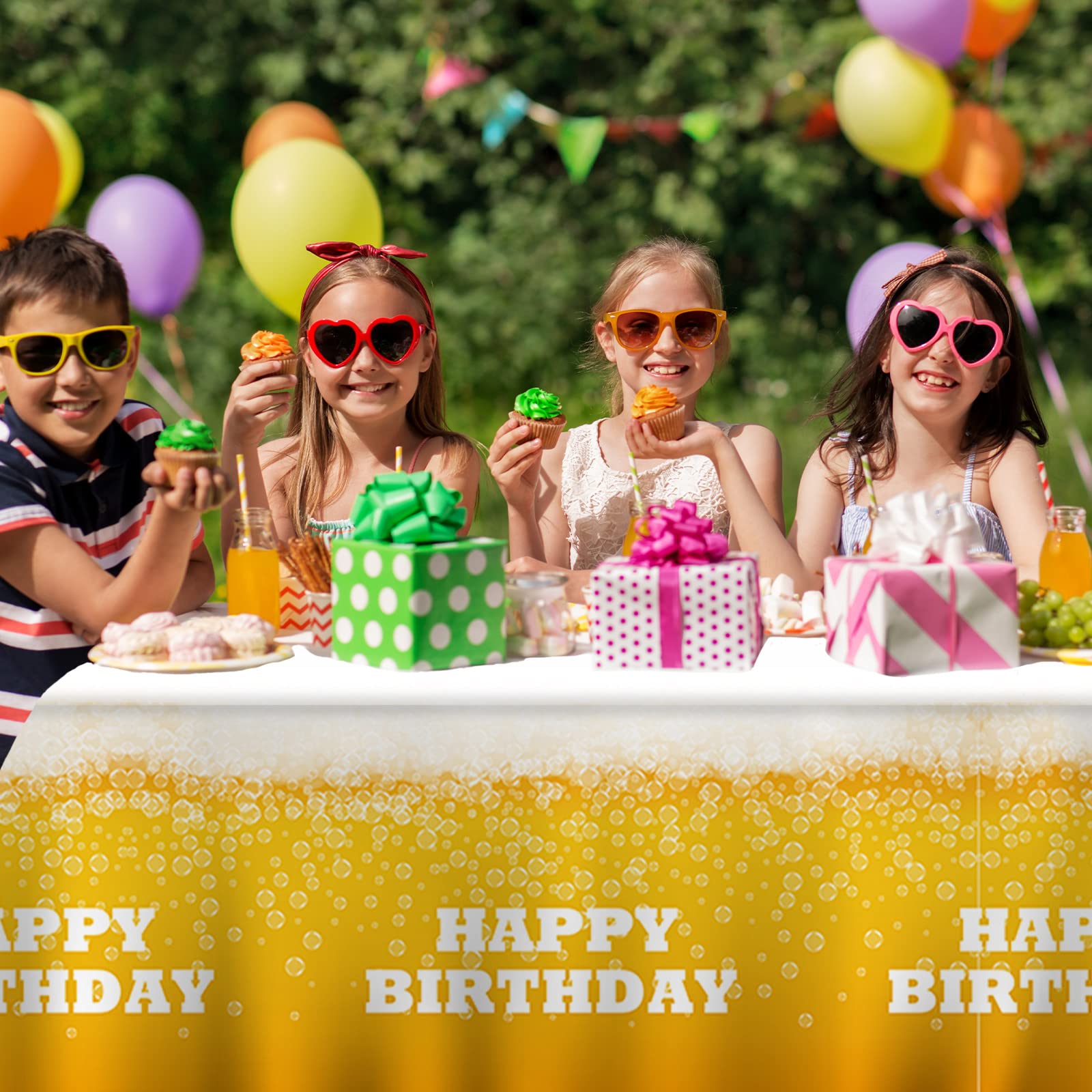 Happy Birthday Party Tablecloth - Gold Yellow Plastic Table Cover for Baby Shower, Boys & Girls Birthday Party Decorations - Perfect for Indoor Celebrations, Camping, and Outdoor Events