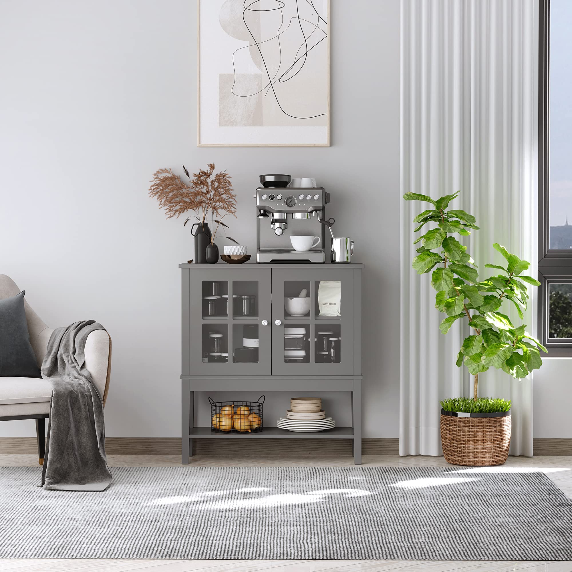 HOMCOM Modern Grey Coffee Bar Cabinet with 2 Glass Doors - Adjustable Shelves Kitchen Buffet Sideboard for Dining Room, Living Room & Home Bar Storage