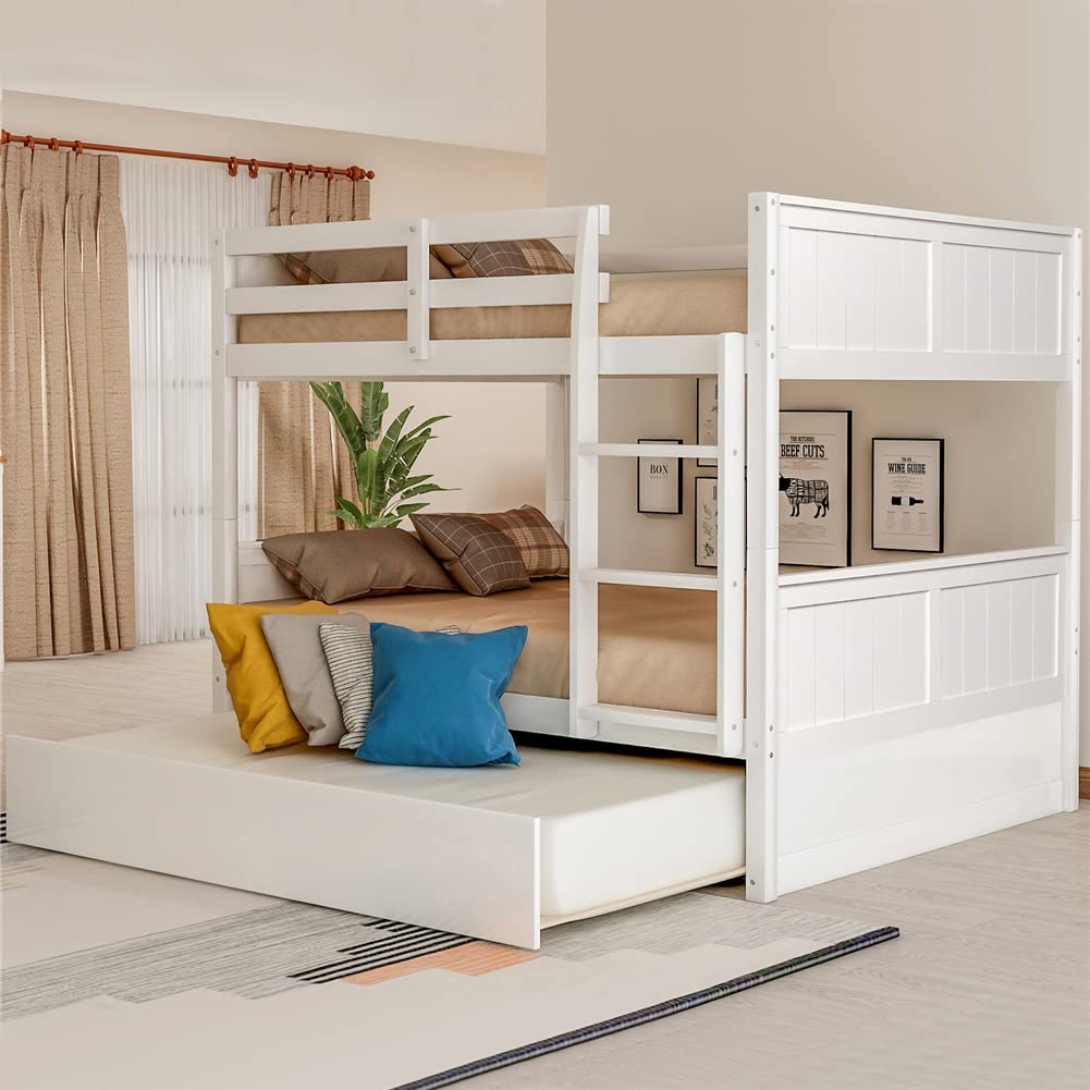 Full Over Full Bunk Bed with Twin Trundle - Solid Pine Wood Bunk Bed Frame | Safety Guardrails & Convertible Design for Kids, Teens & Guest Rooms | Space-Saving Bedroom & Dorm Furniture Solution