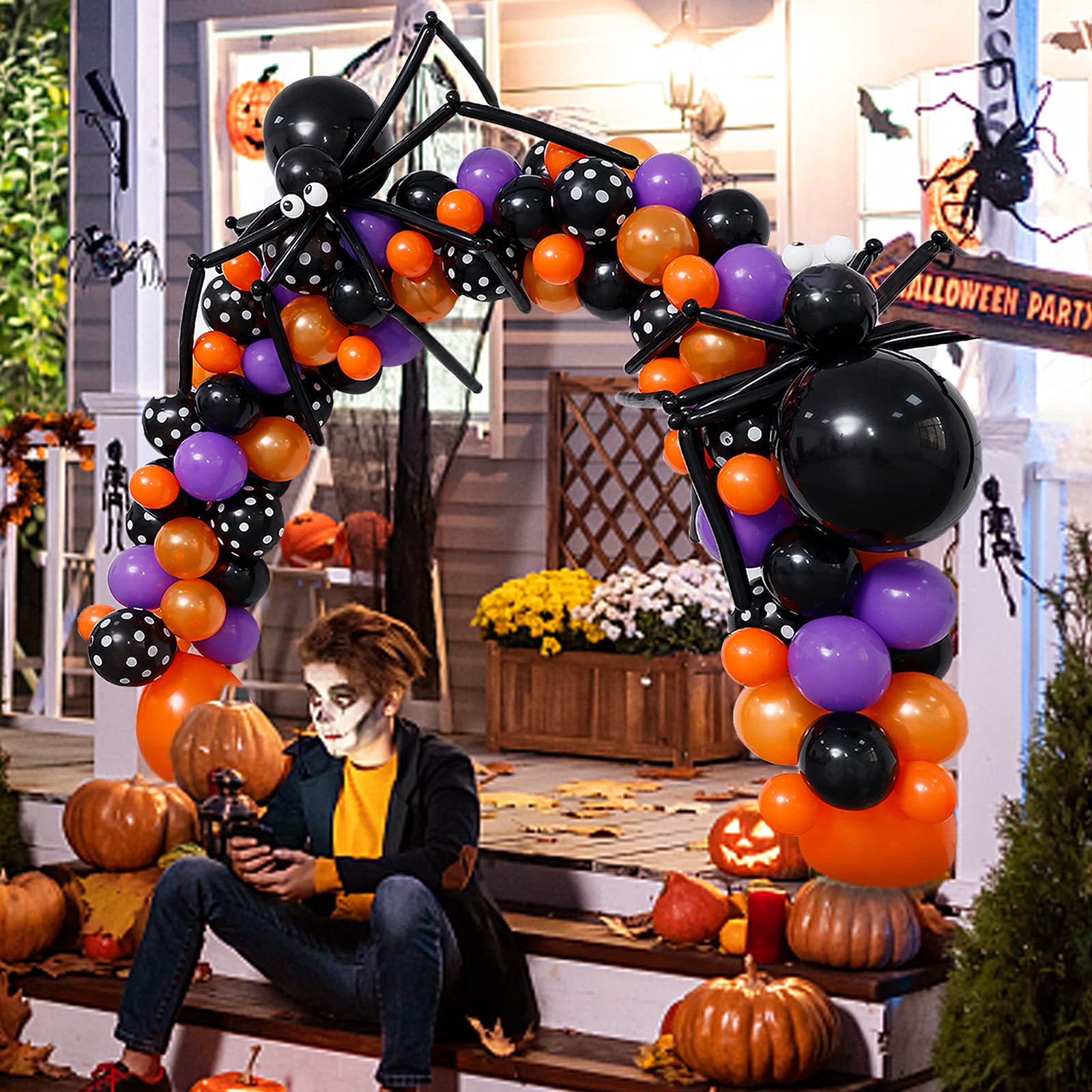 144-Piece Halloween Balloon Garland Arch Kit - DIY Black Orange Purple Latex Balloons with 3D Bats Stickers for Spooky Party Decor | Perfect for Halloween Home Decor, Haunted House Parties & Trick-or-Treat Displays