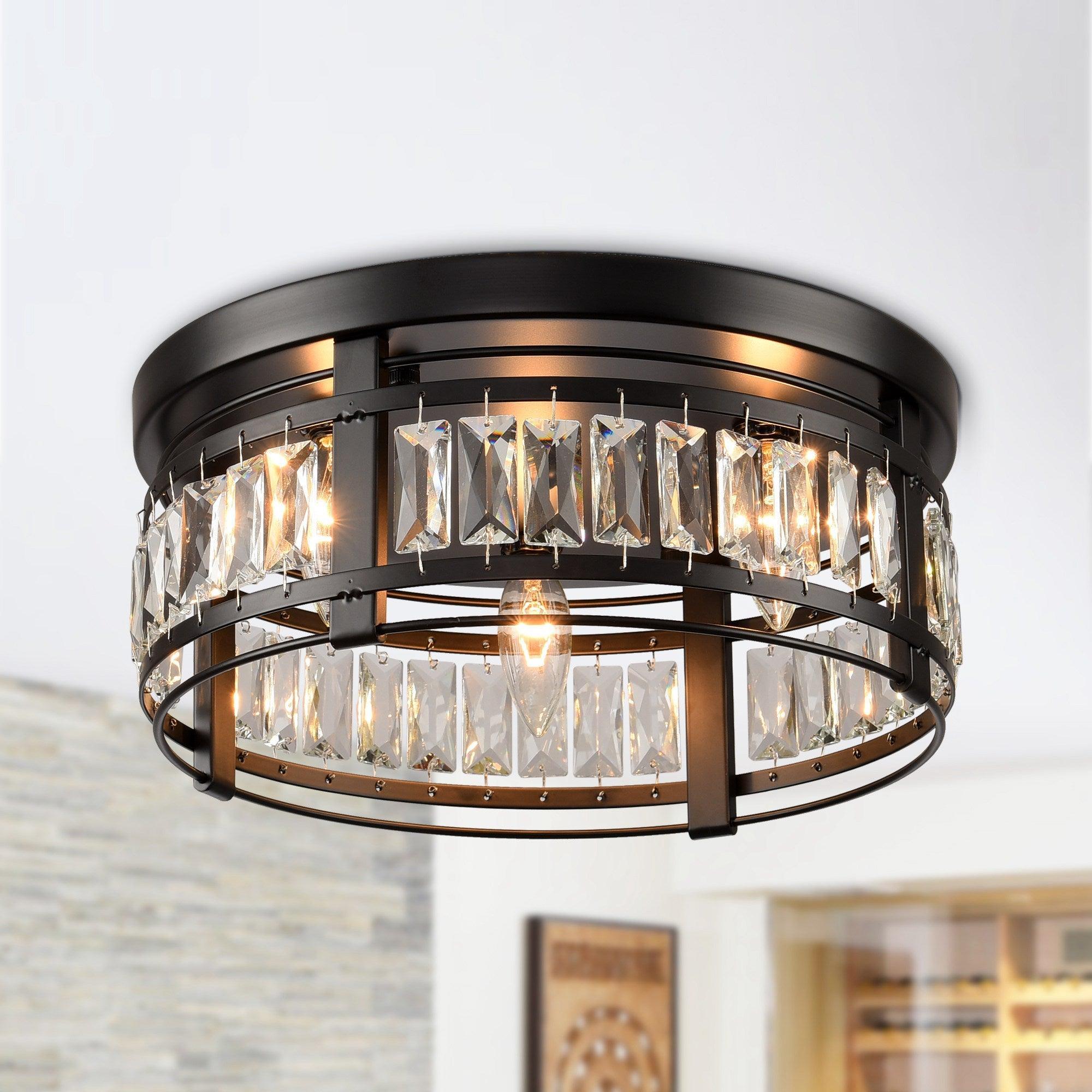 3-Light Modern Crystal Flush Mount Ceiling Fixture - Elegant Lighting for Bedroom, Living Room & Dining Room