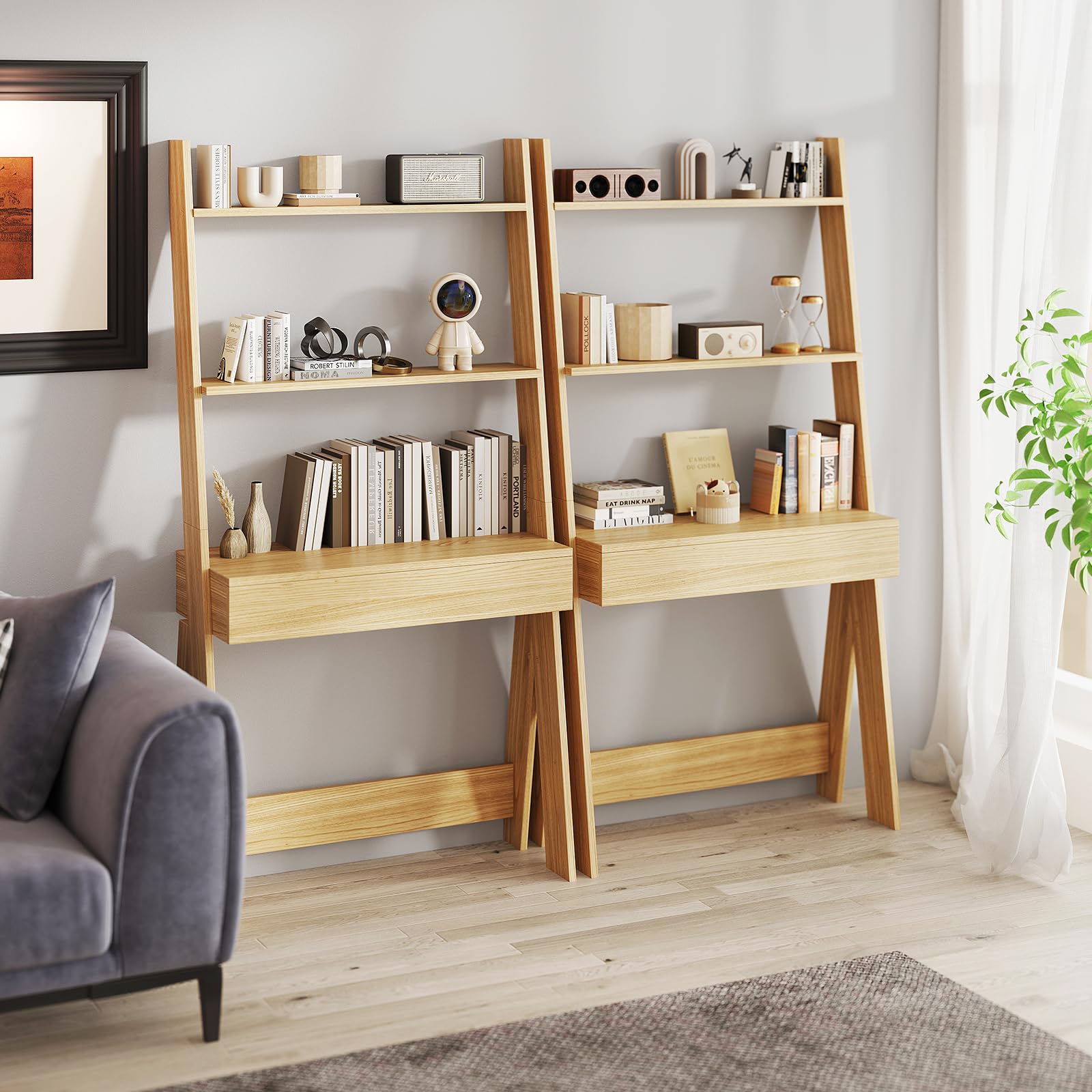 Tangkula Space-Saving Ladder Desk with Wooden Countertop & Storage Drawer - Compact Home Office Computer Table with Open Shelves & Anti-Tip Safety Kit - Wall-Leaning Workstation for Small Spaces (Natural Wood Finish) - Perfect for Dorm Rooms, Studio Apartments & Home Office Setups
