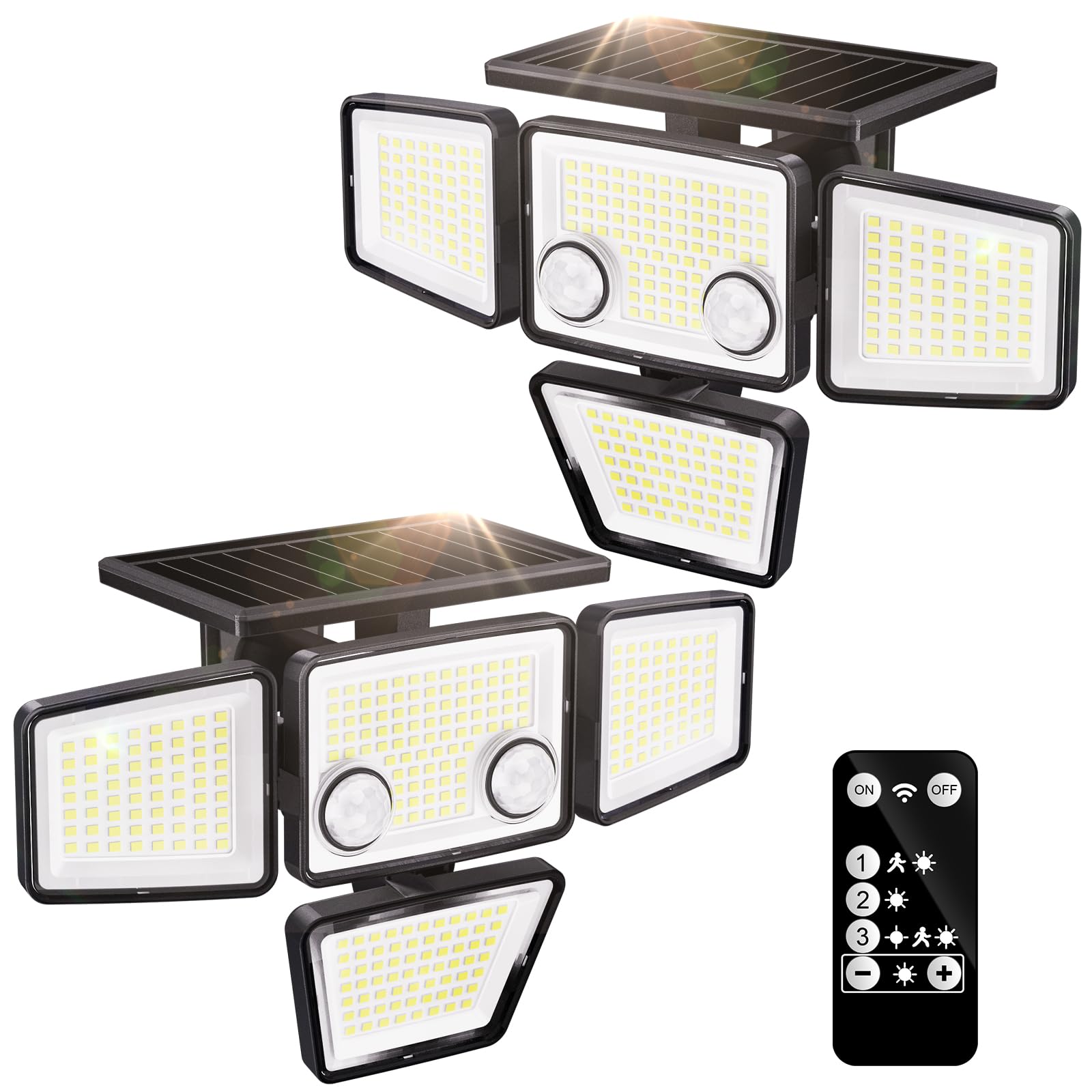 K KASONIC 286 LED Solar Motion Sensor Lights Outdoor, 4-Head 6500K Wide Angle Security Flood Lights, IP65 Waterproof for Backyard, Patio, Garden, Garage & Wall - 2 Pack - Perfect for Pathway Lighting, Driveway Safety & Landscape Illumination