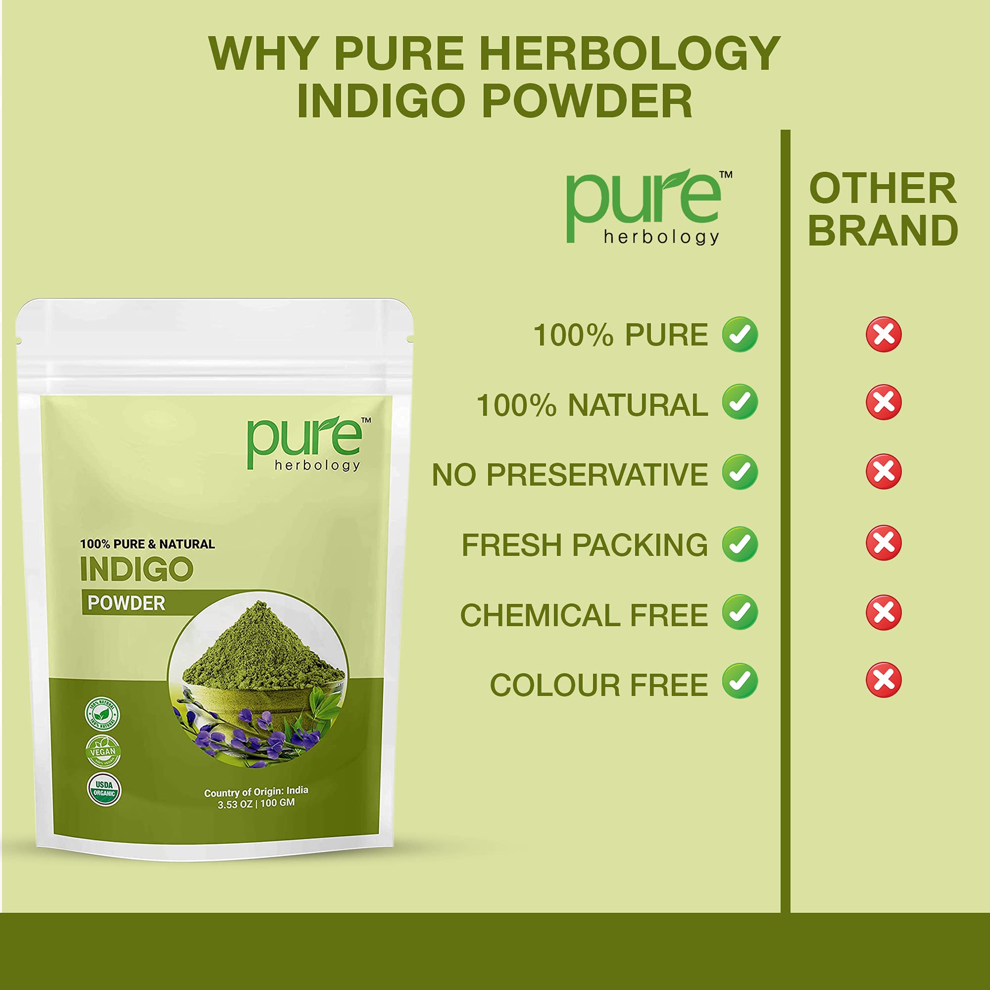 Pure Herbology Natural Indian Indigo Powder for Hair Care - 100g | Chemical-Free Hair Dye & Gray Coverage | DIY Herbal Hair Coloring & Conditioning Treatment for Natural Hair Growth