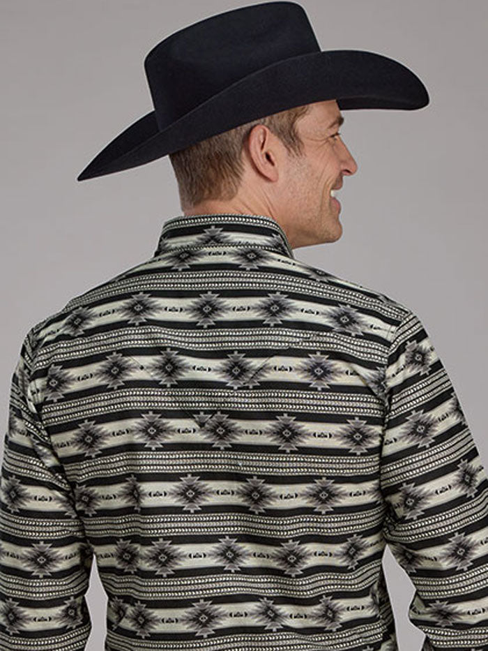Roper Men's Long Sleeve Snap Shirt with Horizontal Print - Black | Western Style Casual Shirt for Cowboy, Rodeo & Outdoor Activities