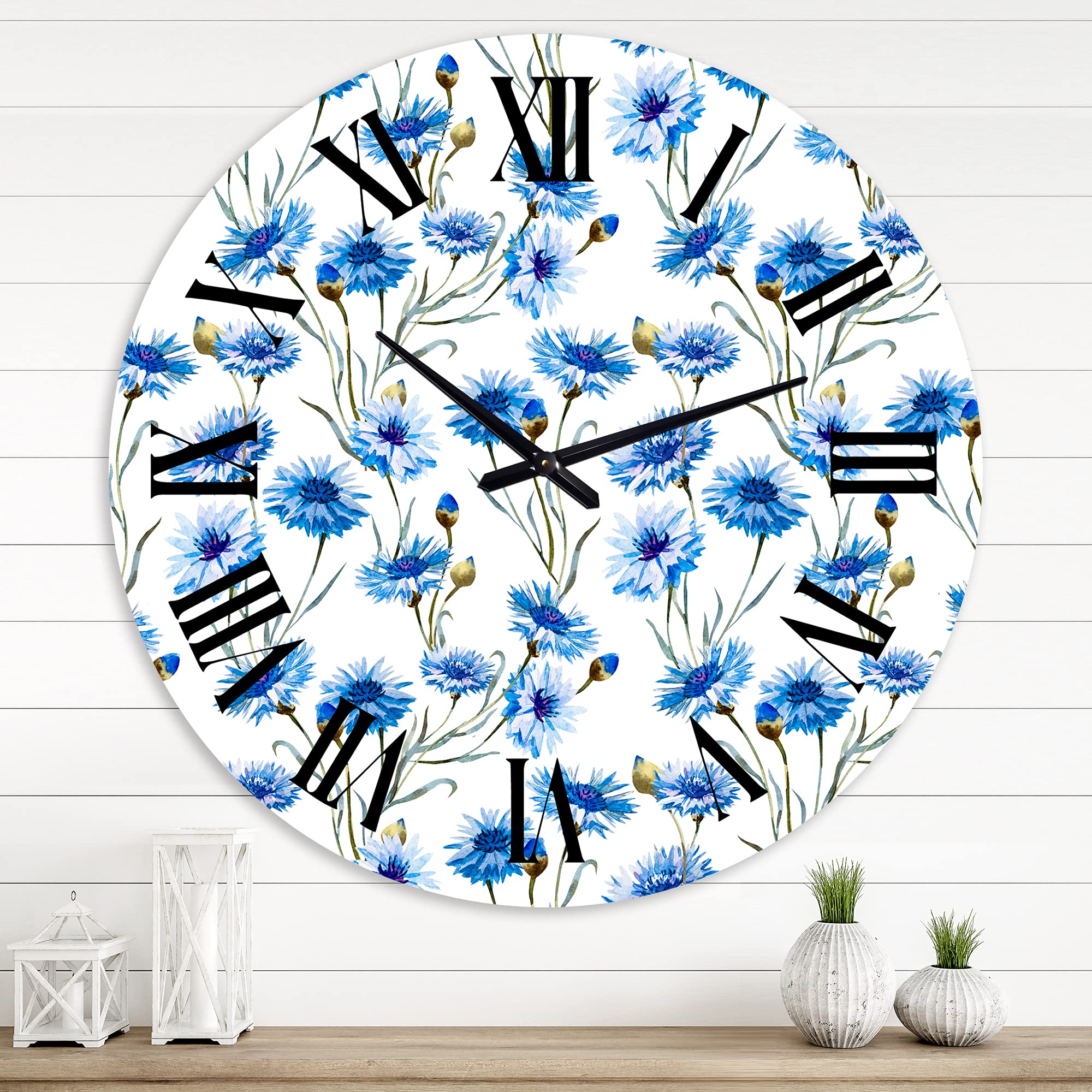 Blue Cornflowers with Green Leaves II - Large Traditional Wall Clock for Home Decor | Floral & Botanical Design | Perfect for Living Room, Bedroom & Office
