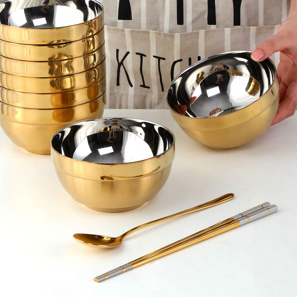 Premium 24-Piece SUS 304 Stainless Steel Bowl Set with Spoon & Chopsticks - 19oz Double-Walled Metal Rice & Cereal Serving Bowls for Restaurants, Home Kitchen, Family, Kids & Adults (Gold) - Ideal for Dining, Meal Prep, Camping & Outdoor Picnics