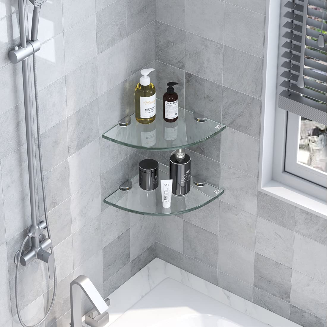 2-Pack No Drill Wall Mount Glass Shower Caddy & Corner Shelf Organizer - Bathroom Storage for Shampoo, Soap & Toiletries | Perfect for Small Showers, Apartment Bathrooms & RV Use