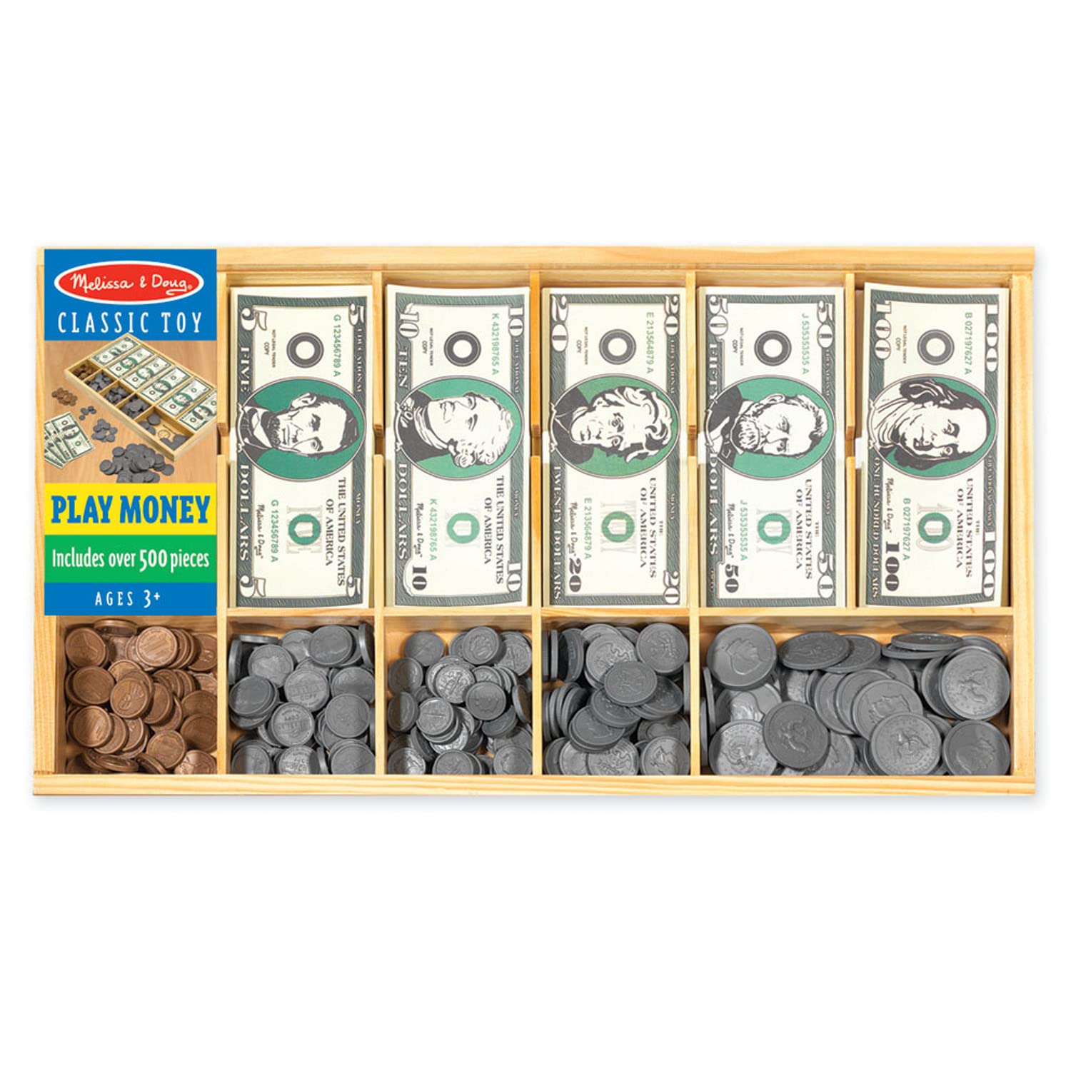 Melissa & Doug Pretend Play Money Set - Educational Toy with 50 Paper Bills & Plastic Coins + Wooden Cash Register for Kids | Math Learning, Role Play & Store Games