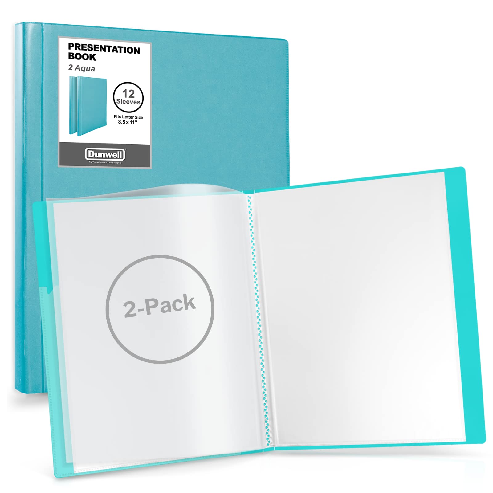 Dunwell 12-Pocket Presentation Binders with Plastic Sleeves (2 Pack, Aqua) - 8.5x11 Portfolio Folders with Sheet Protectors, Holds 24 Letter Size Pages - Perfect for Documents, Certificates, School Projects & Business Presentations