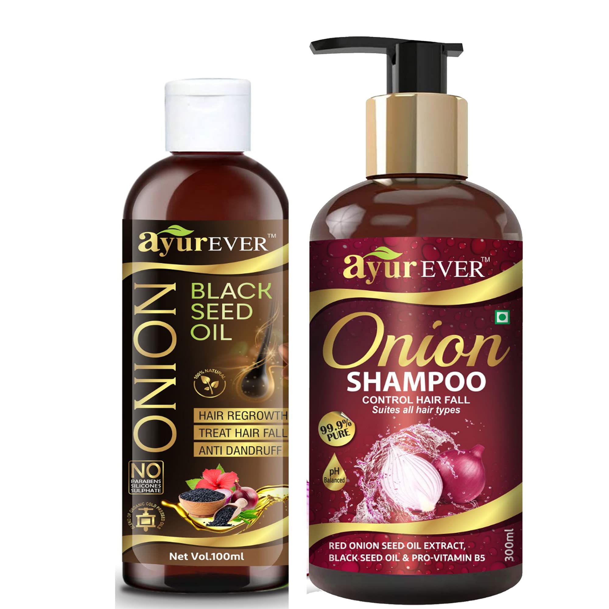 AYUREVER Onion Oil with Black Seed Extract 100ml & Red Onion Shampoo 300ml Combo - Hair Growth Treatment for Thinning Hair, Dandruff Control & Scalp Care - Perfect for Daily Hair Regimen & Damaged Hair Repair