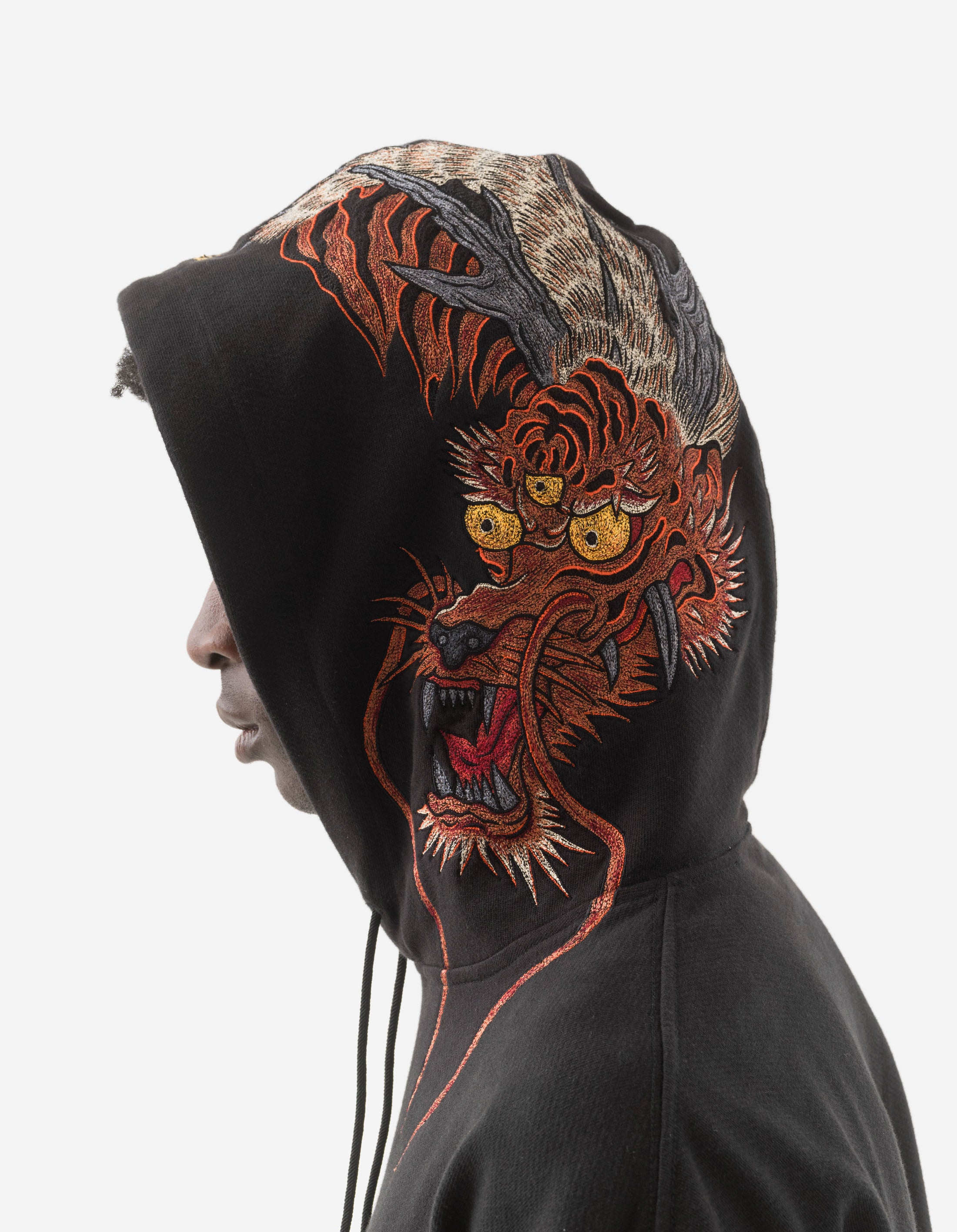 Men's 6096 Tiger Dragon Print Hooded Sweatshirt - Black Pullover Hoodie for Streetwear, Gym & Casual Outfits