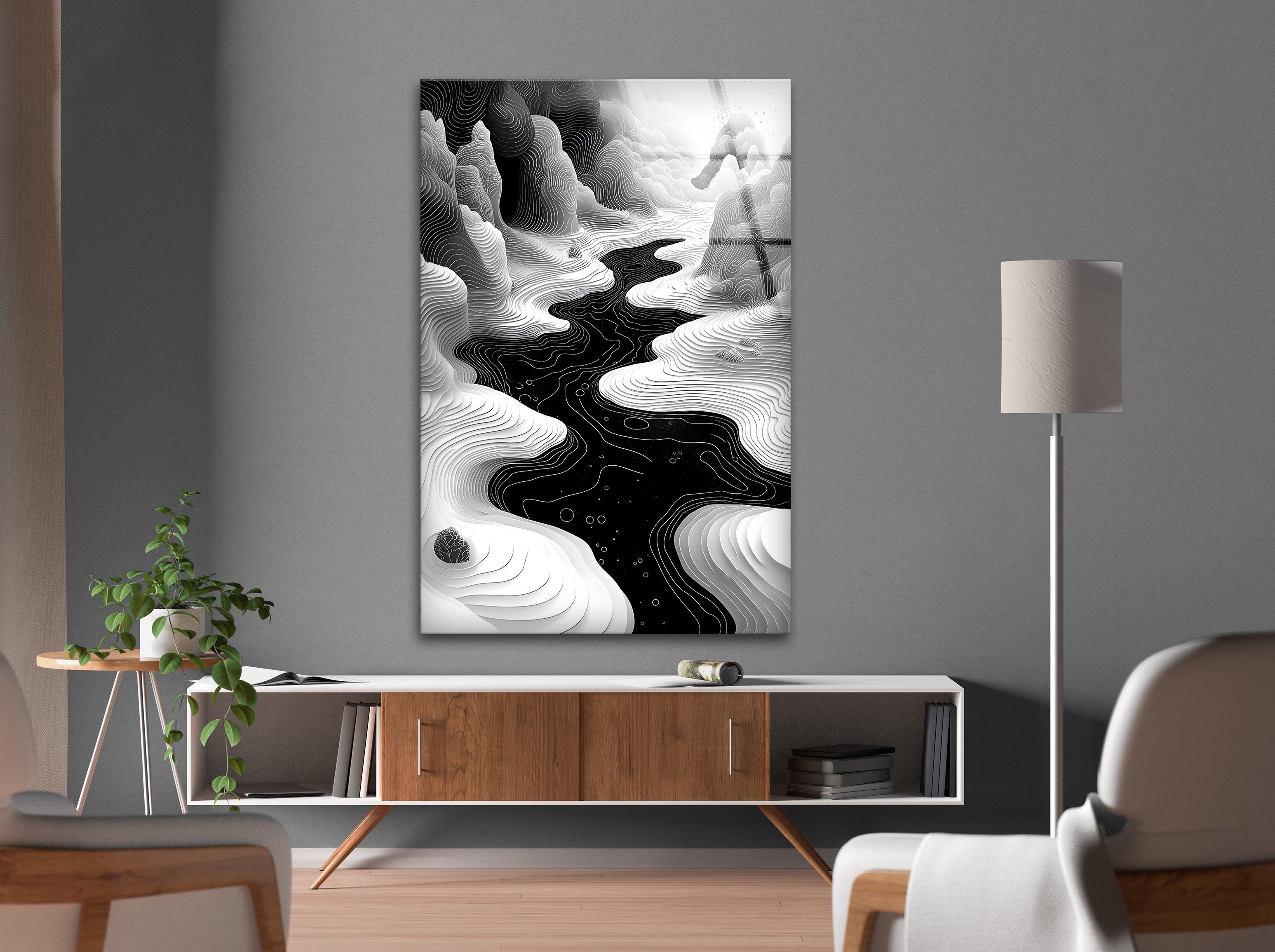 Abstract Black & White Landscape Wall Art - Modern Geometric Canvas Print for Living Room & Office Decor