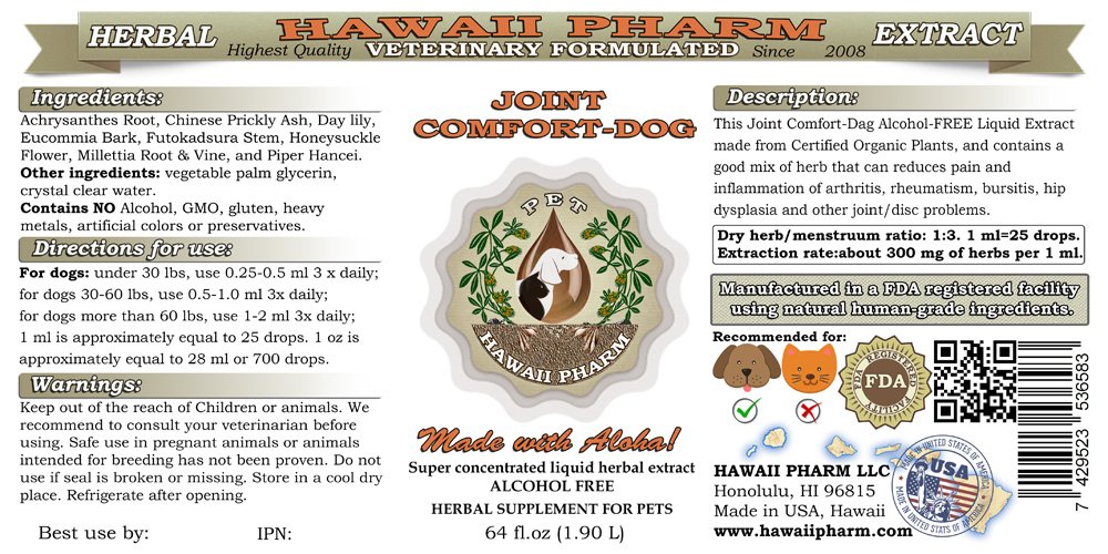 HawaiiPharm Joint Comfort for Dogs - Alcohol-Free Liquid Herbal Supplement, 64 oz - Natural Joint Support & Pain Relief for Pets - Ideal for Senior Dogs & Active Pets with Mobility Issues