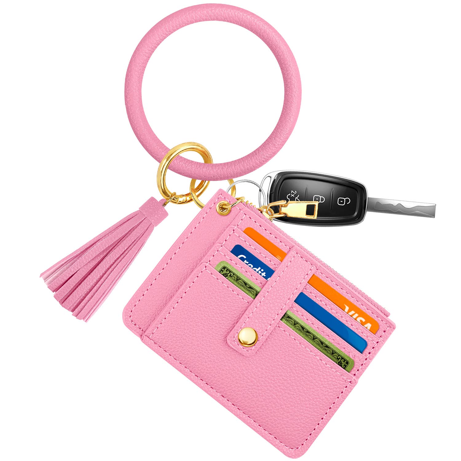 Leather Keychain Wallet with Circle Bangle - Wristlet Bracelet ID Card Holder for Women & Girls | Key Ring Chain Tassel Purse for Everyday Use, Travel & Shopping