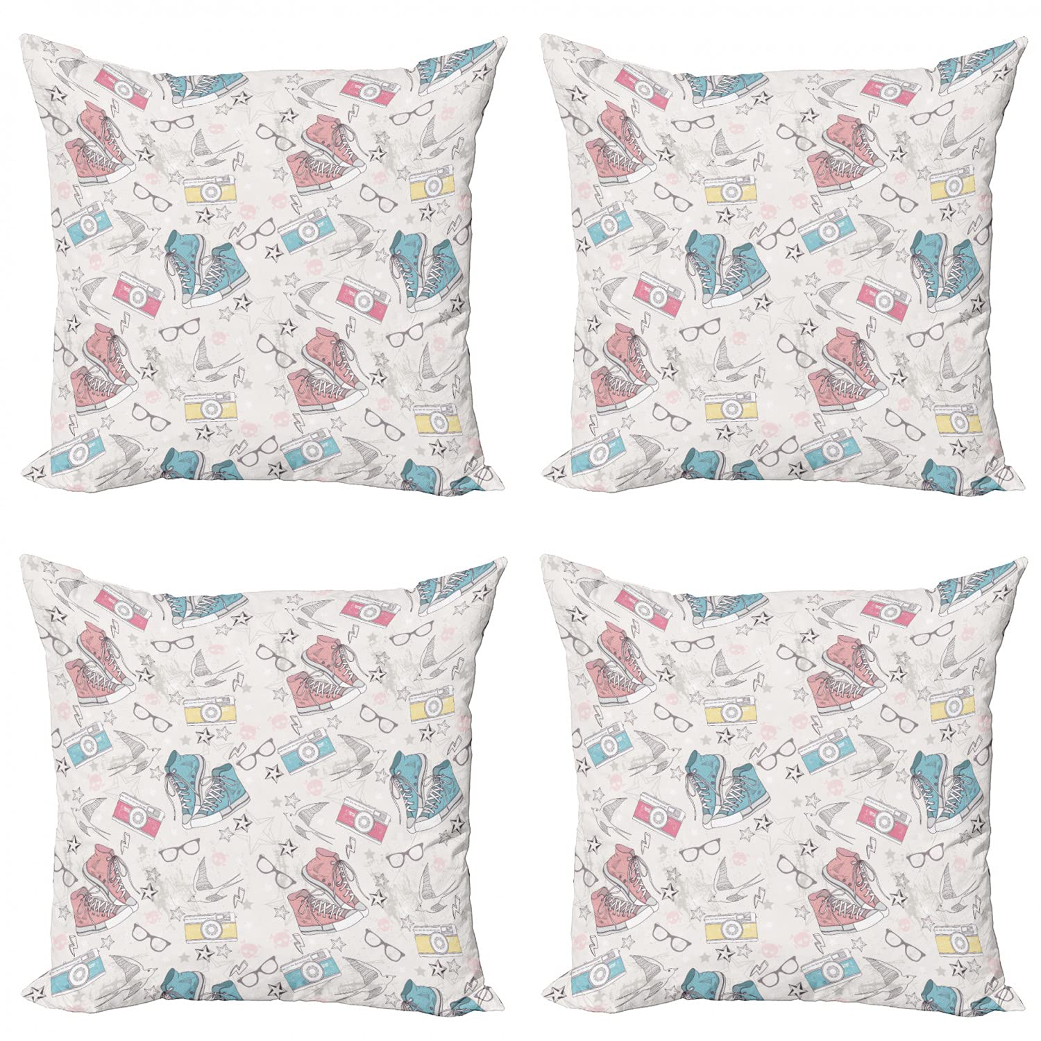 Vintage Grunge Throw Pillow Covers Set of 4 - Retro Sneakers, Cameras, Glasses & Birds Design - 18