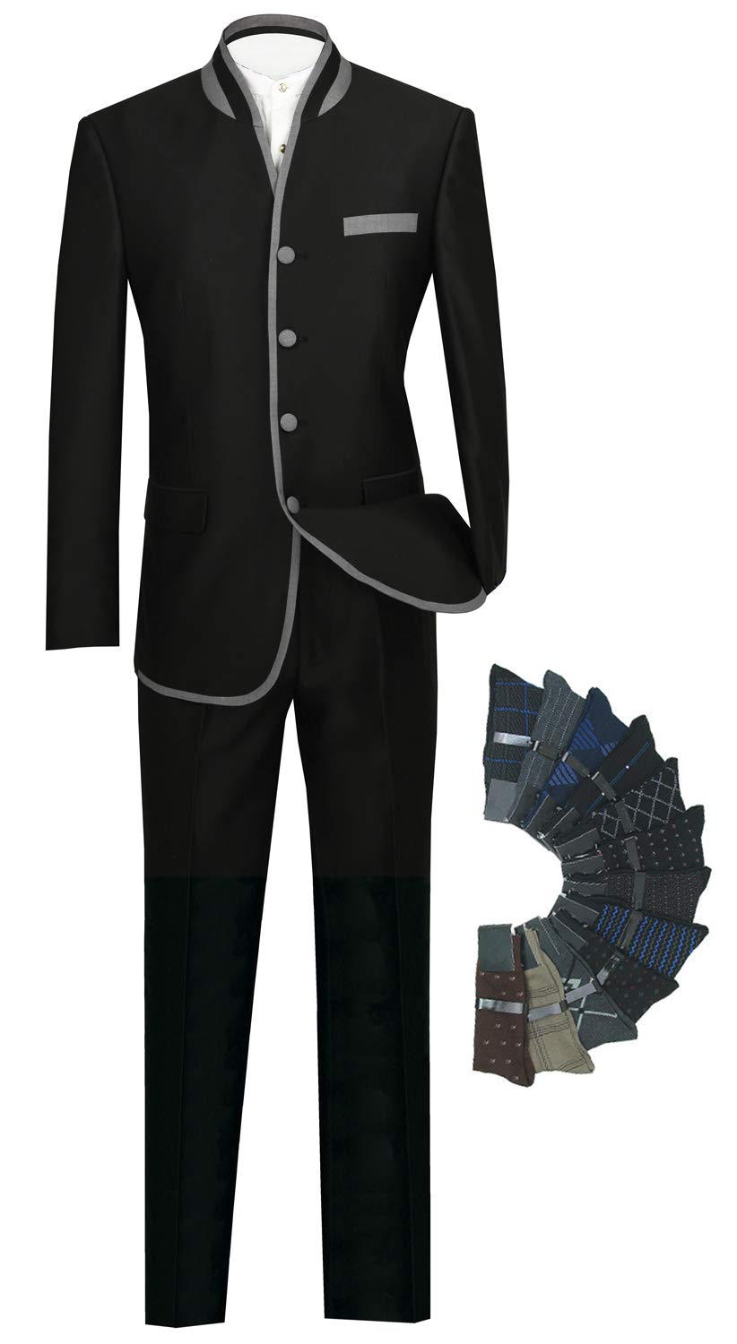 Triple Blessings Slim Fit Mandarin Collar Nehru Jacket Suit with 1 Pair of Socks - Elegant Asian-Inspired Formal Wear for Weddings, Business Meetings & Special Occasions