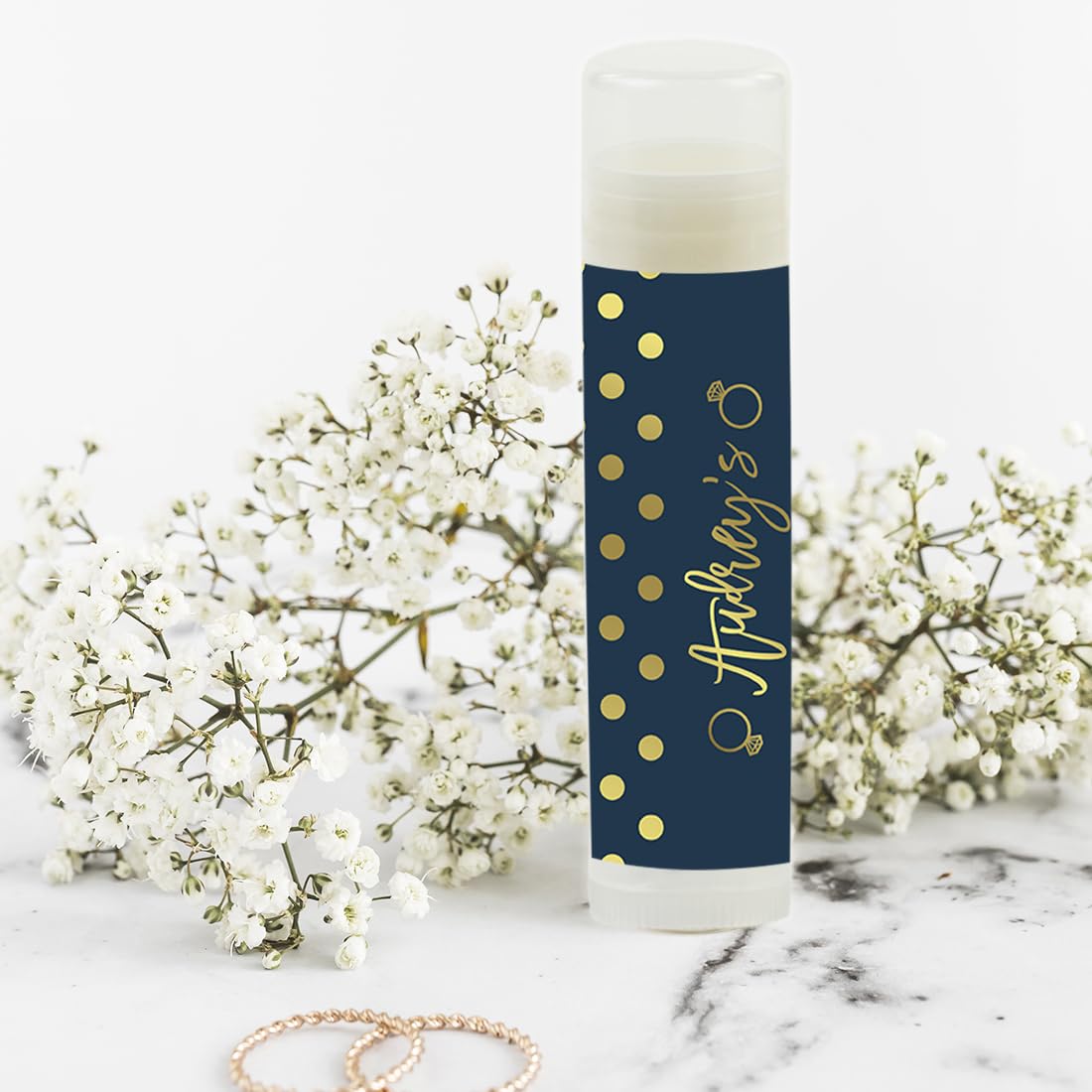 Personalized Lip Balm Favors - Navy Blue & Gold Confetti Polka Dot Design for Bachelorette Parties & Bridal Showers | 12-Pack Audrey's Bachelorette Collection | Perfect Wedding Favors, Bridesmaid Gifts & Party Decor