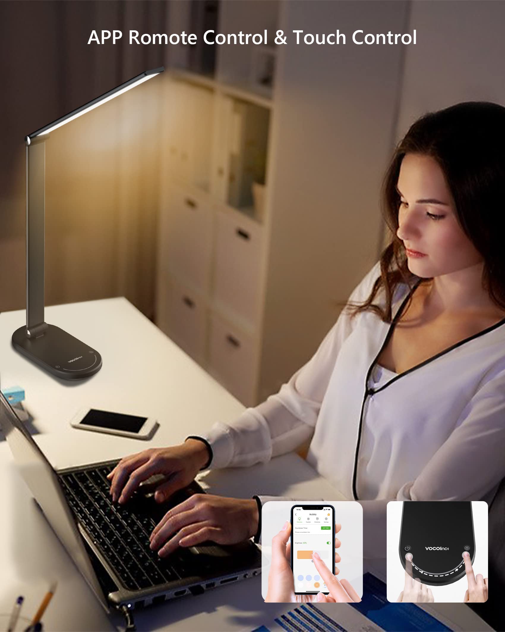 VOCOlinc Smart LED Desk Lamp - Eye-Caring Home Office Light with Stepless Dimming & Timer, Works with HomeKit Alexa Google Assistant | Perfect for Reading, Studying, Crafting & Nightstand Lighting