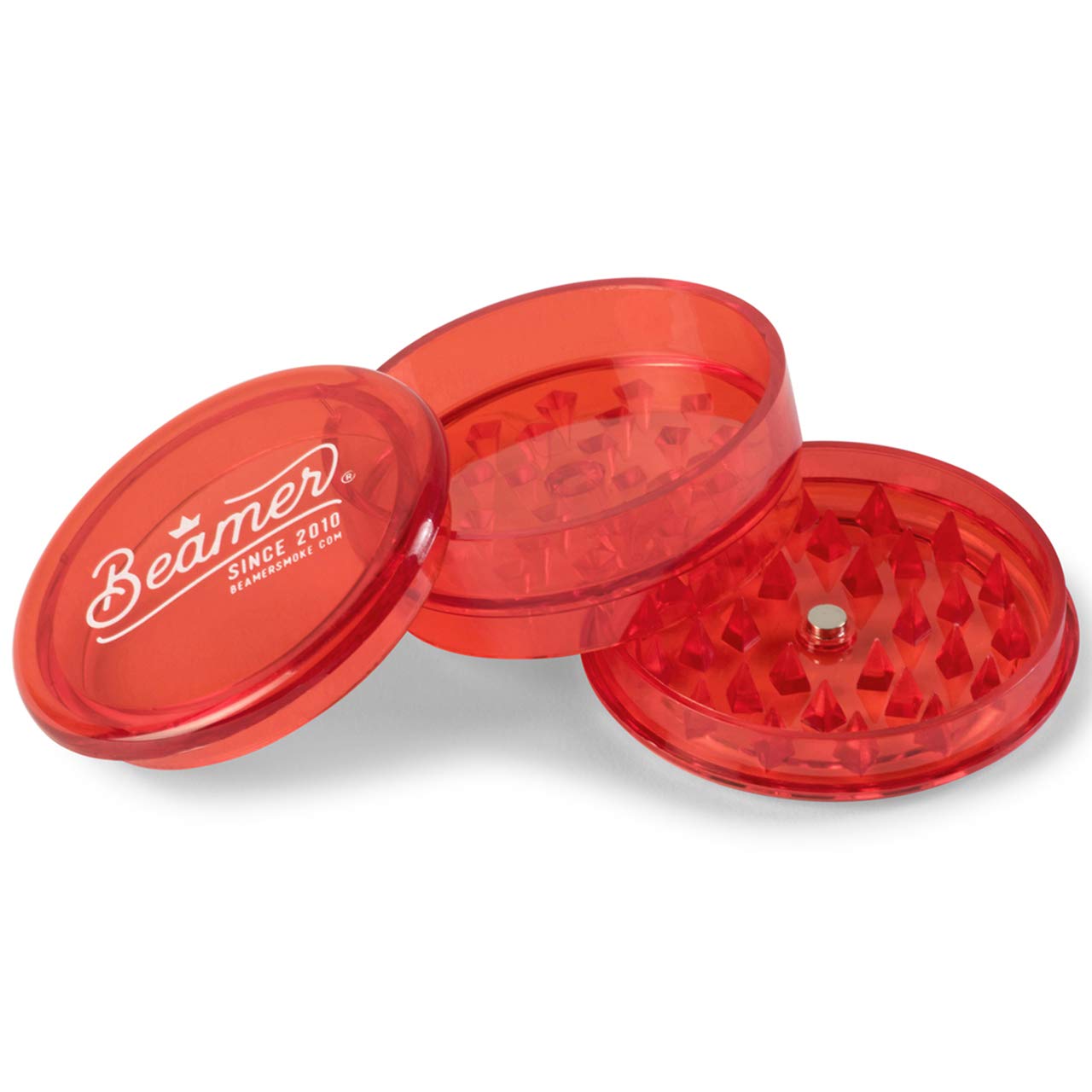 Beamer Crown Logo 3-Piece 63mm Acrylic Herb Grinder - Transparent Red with Bonus Smoke Sticker | Perfect for Grinding Herbs & Spices | Great for Home Use, Travel & Outdoor Activities