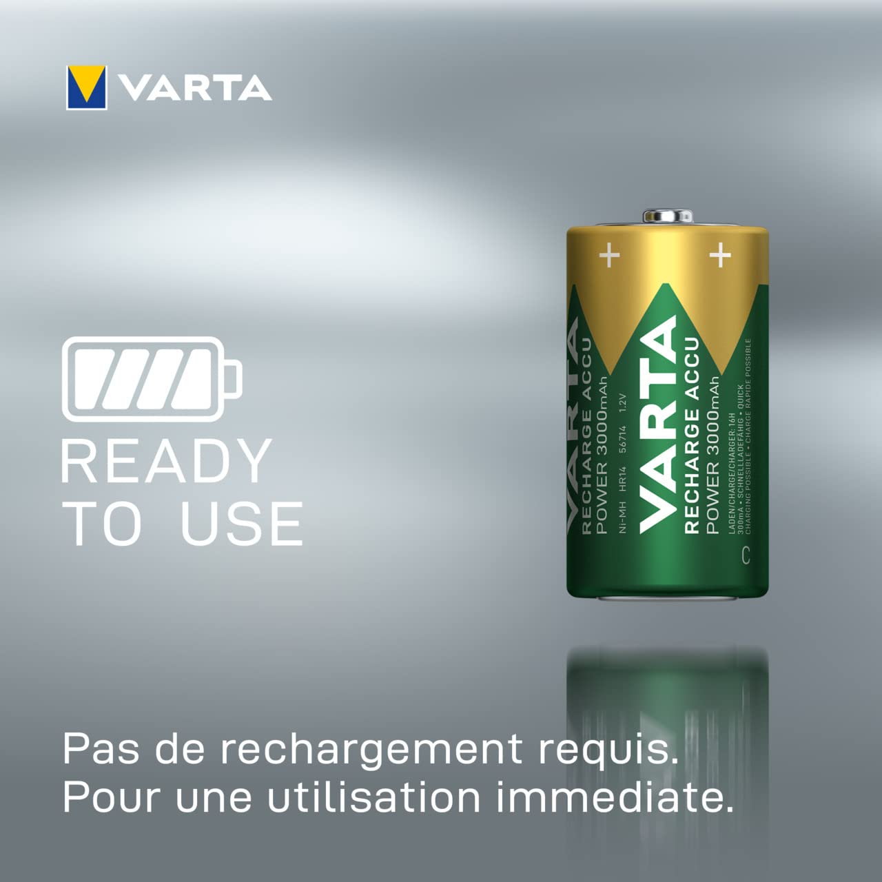 Varta High Capacity C Pre-Charged Rechargeable Batteries 3000mAh - 2 Pack for Flashlights, Toys, and Emergency Power Backup