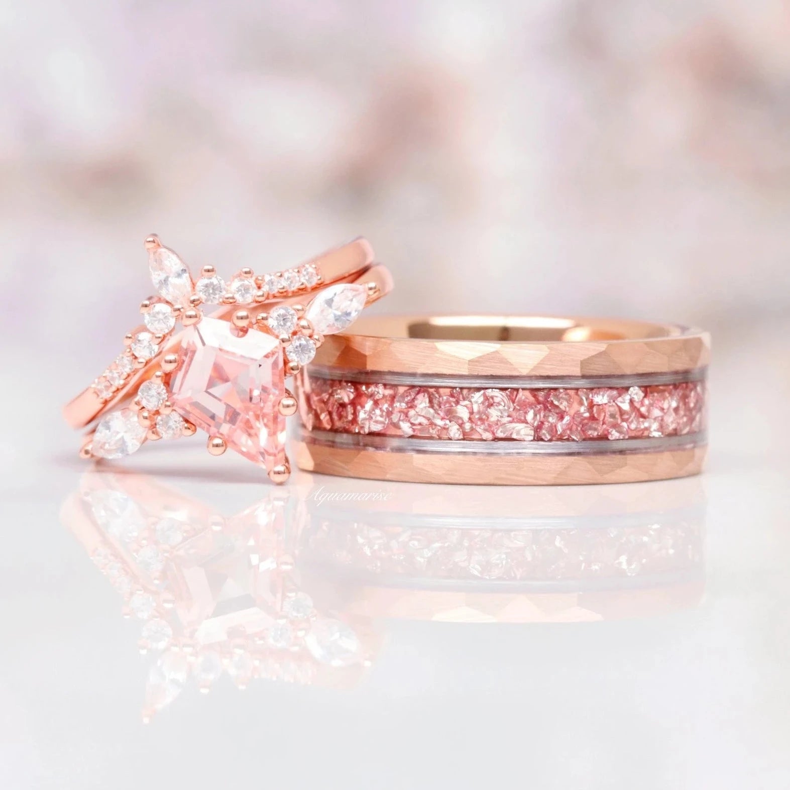 Skye Kite™ Morganite Couples Ring - 14K Rose Gold Wedding Band for Women & Men, Romantic Anniversary Gift for Couples, Perfect for Engagement, Valentine's Day & Special Occasions