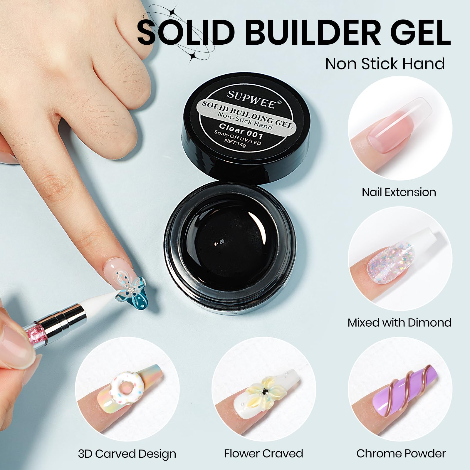 3D Nail Sculpture Builder Gel - Clear Hard Gel for Nail Art, Rhinestone Glue & Christmas Nail Charms | DIY Manicure Kit for Home & Salon Use | Perfect for Special Occasions & Holiday Nail Designs