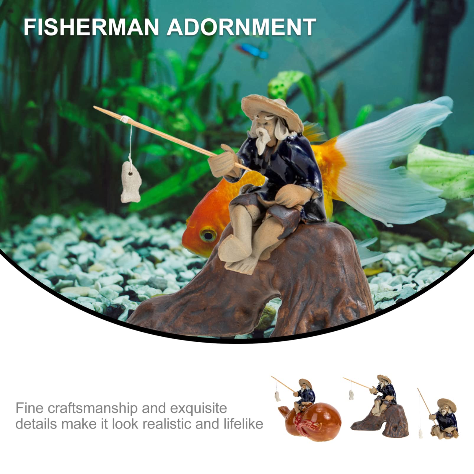 GANAZONO 3-Piece Chinese Bonsai Ornament Set - Ceramic Fisherman Figurines, Miniature Landscape Decor for Zen Gardens, Home Office Desk & Aquarium Scenery
