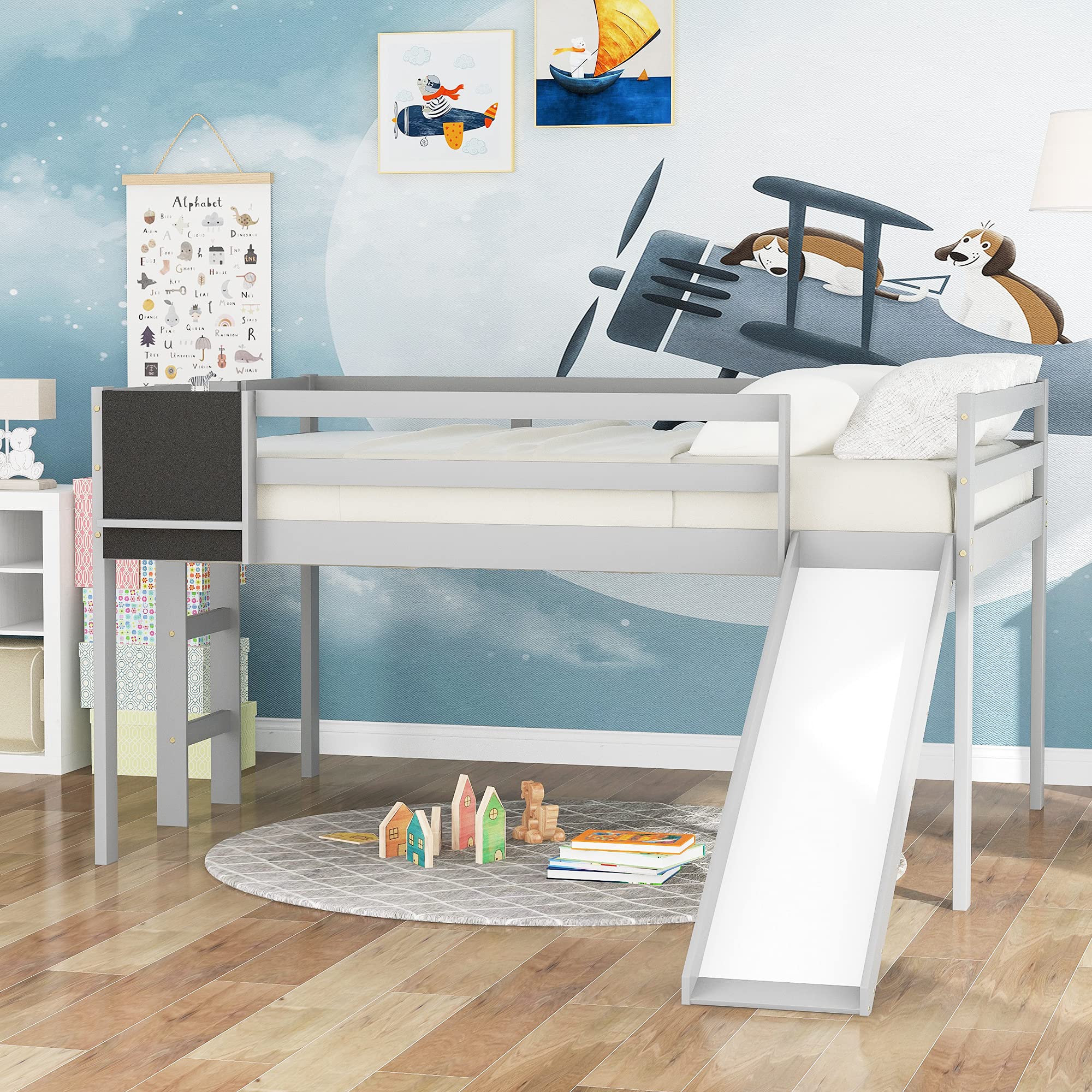 Solid Wood Loft Bed with Slide & Stairs - Twin Size Kids Bed with Chalkboard & Safety Rail - Easy Assembly No Box Spring Needed (Gray) - Perfect for Small Bedrooms, Playrooms & Dorm Rooms