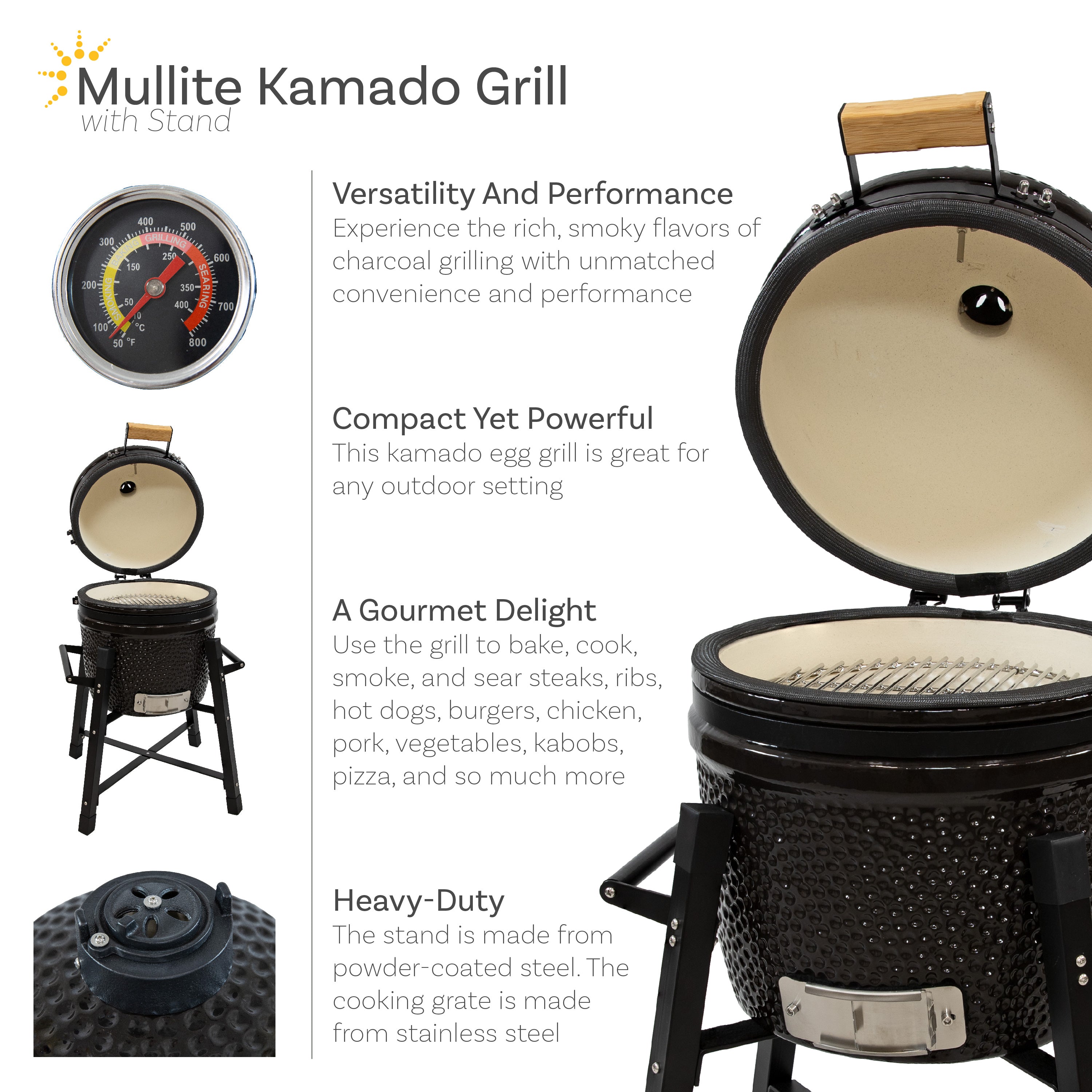 Premium Kamado Charcoal Grill & Smoker with Stand - Ceramic Outdoor BBQ Cooker for Backyard, Patio & Camping - Perfect for Grilling, Smoking & Slow Cooking Steaks, Ribs & Pizza