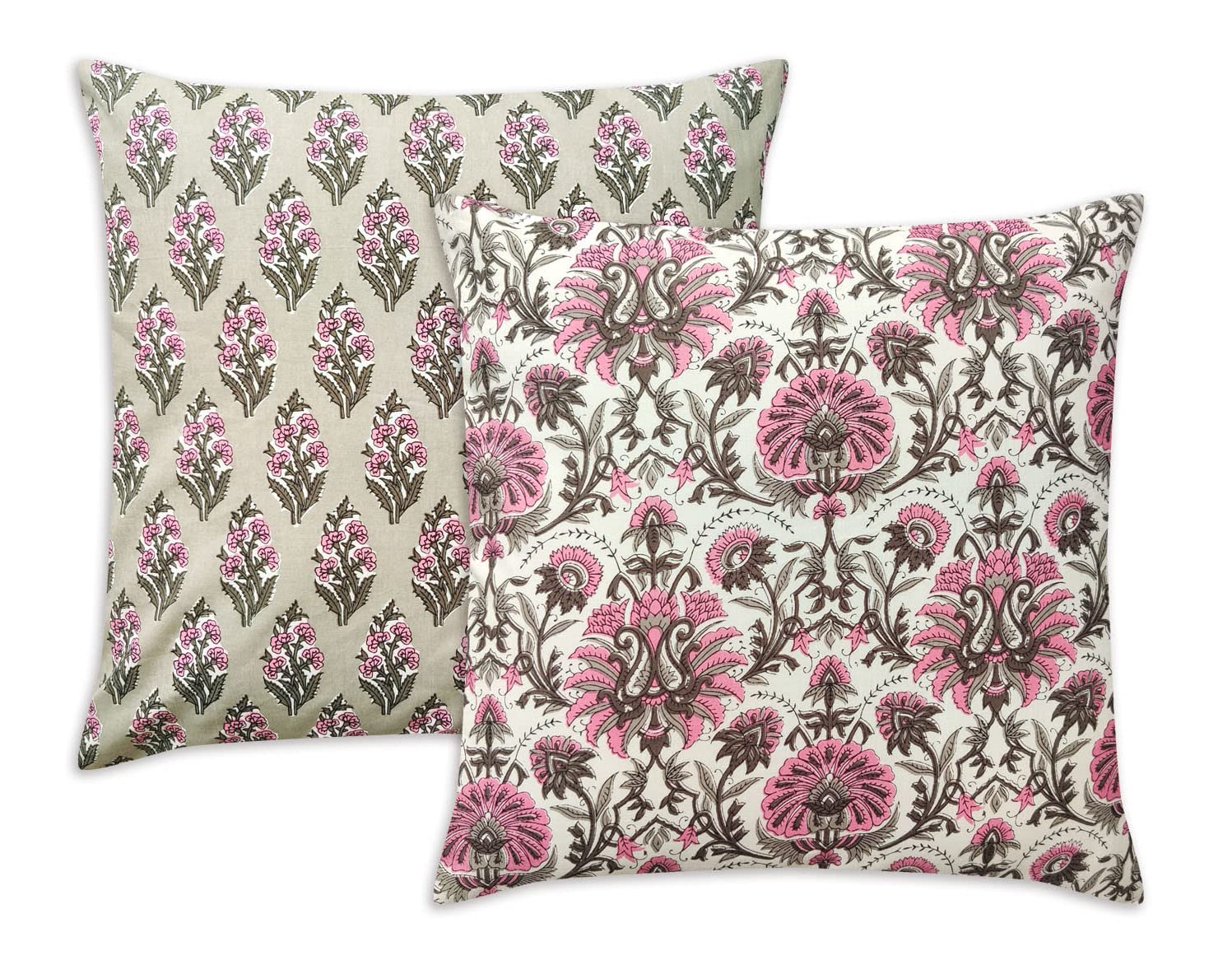 Craftbot Block Print Throw Pillow Covers - Reversible 20x20 Inch Cotton Cushion Covers Set of 2, Floral Pattern Home Decor for Sofa, Bed, Living Room - Pink and Grey