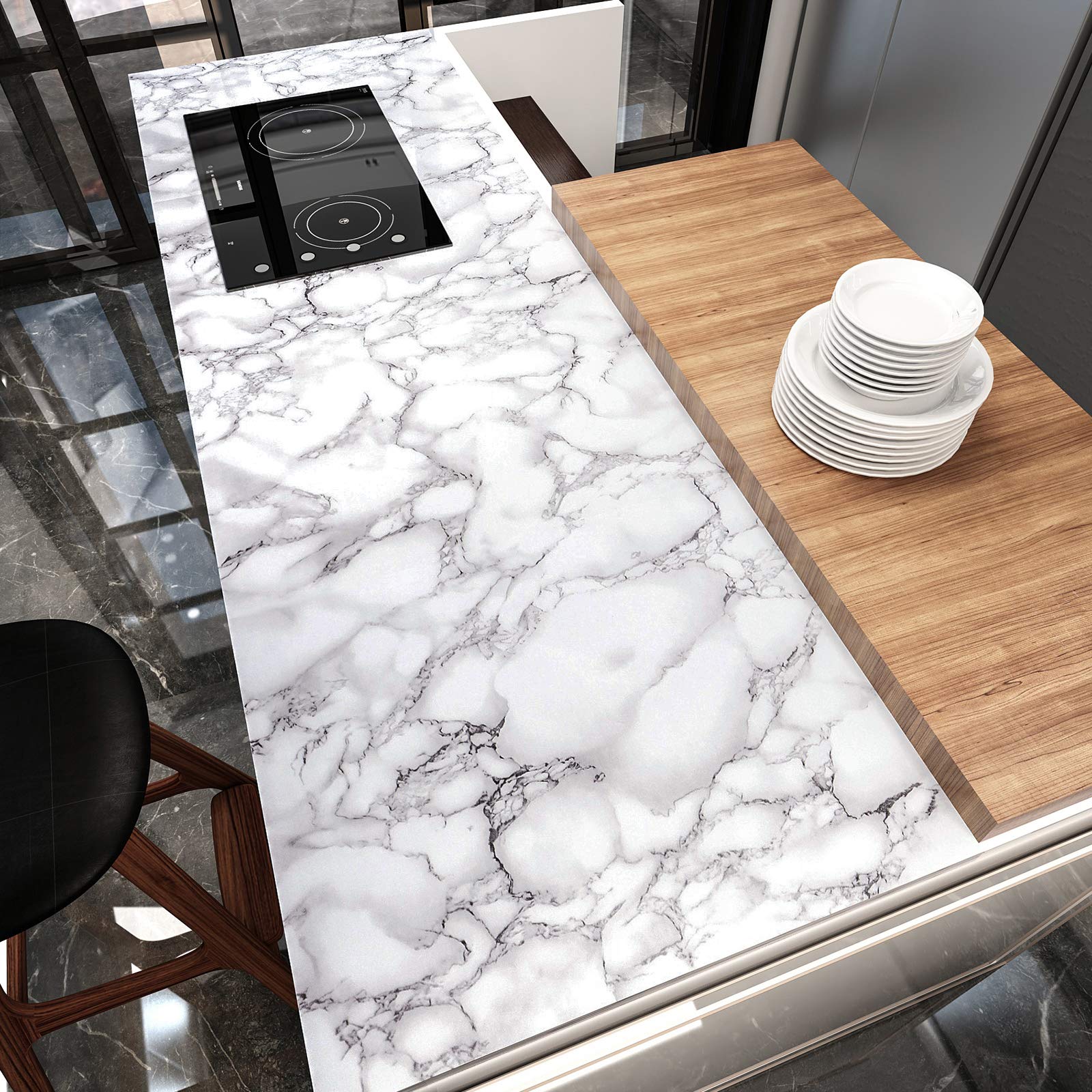 VEELIKE Grey Marble Contact Paper - Waterproof Self-Adhesive Peel & Stick Wallpaper for Countertops, Cabinets, Kitchen, Bedroom - Removable White Marble Vinyl Wrap (15.7