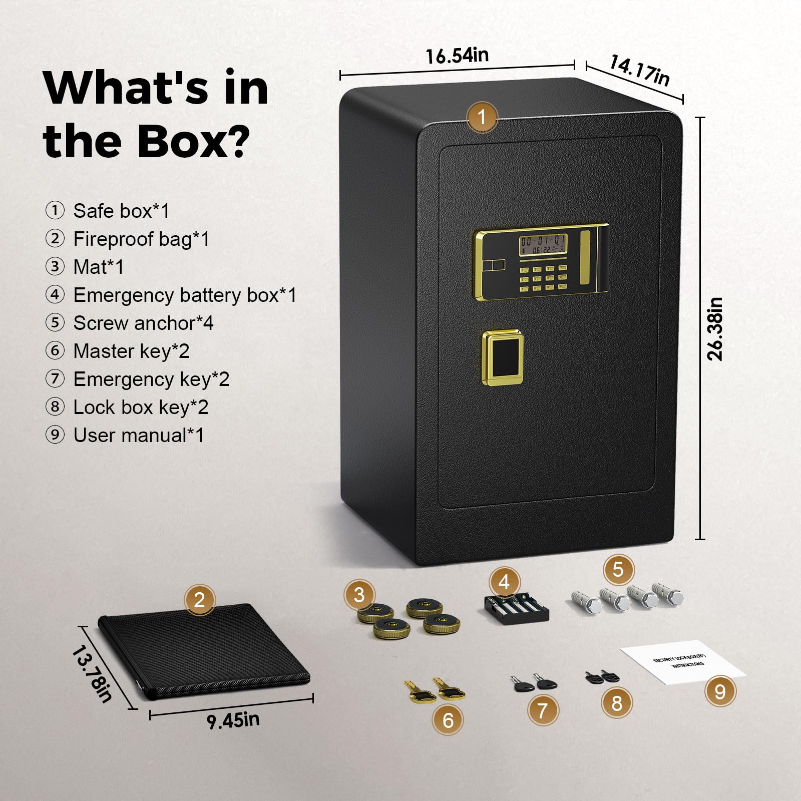 Diosmio 4.2Ct Large Fireproof Waterproof Home Safe Box - Digital Keypad & Dual Keys Security Safe with Fireproof Bag for Cash, Pistols, Documents - Ideal for Home, Office & Travel Use (Black)