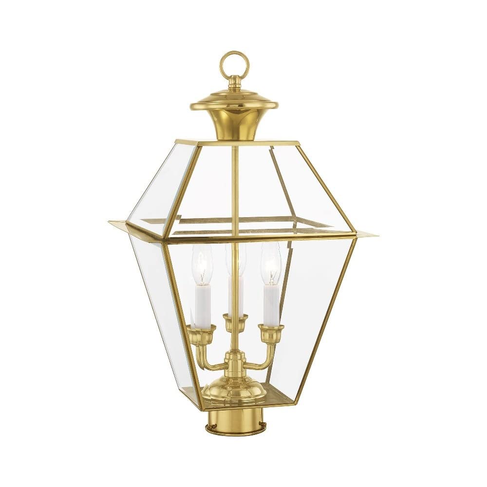 Livex Lighting 2384-02 Traditional 3-Light Outdoor Post-Top Lantern - Westover Collection, 12-Inch Cast Finish in Polished Brass - Perfect for Porch, Garden & Pathway Lighting