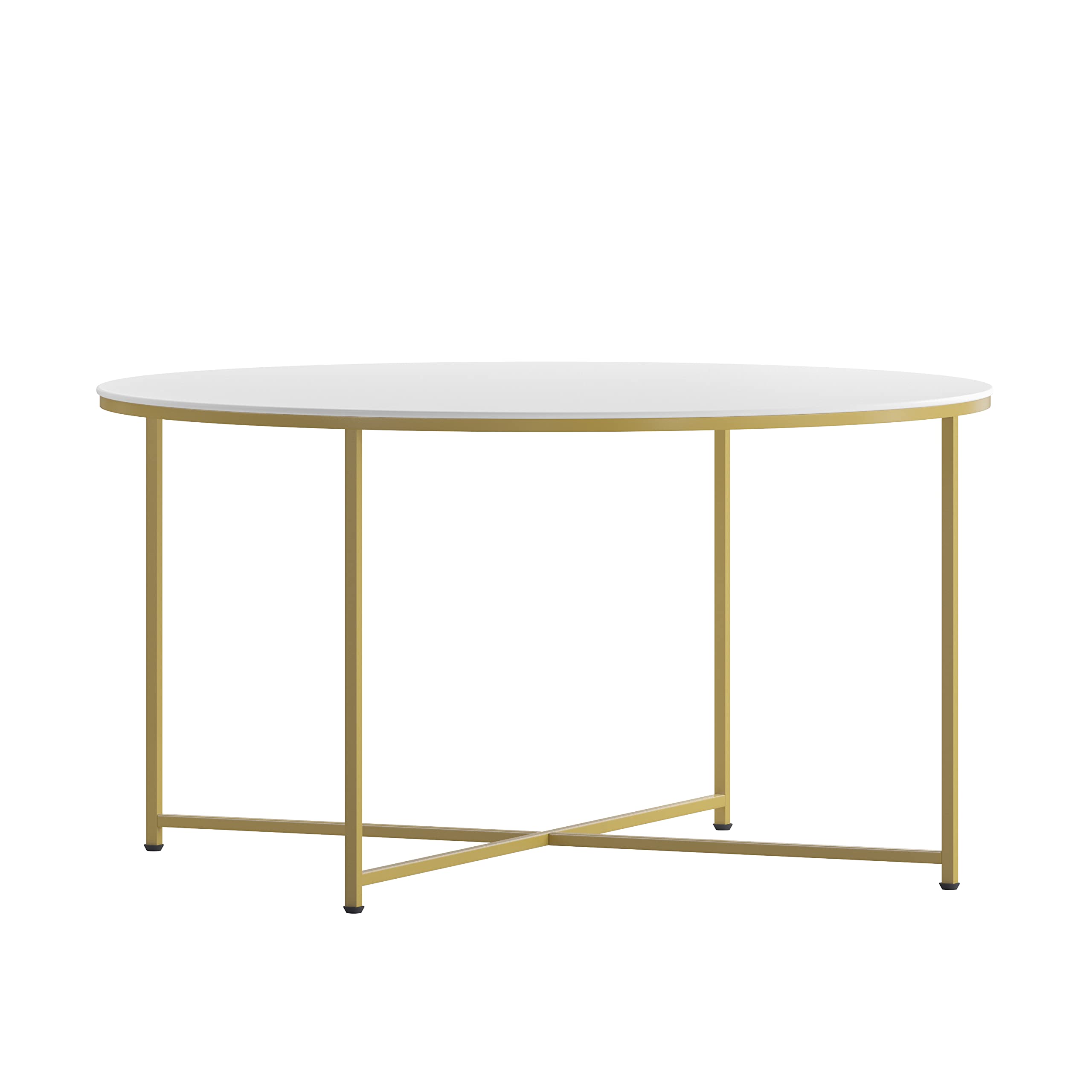 Modern White Finish Coffee Table with Crisscross Brushed Gold Frame - Hampstead Collection - Stylish Living Room Furniture for Home Decor & Entertaining