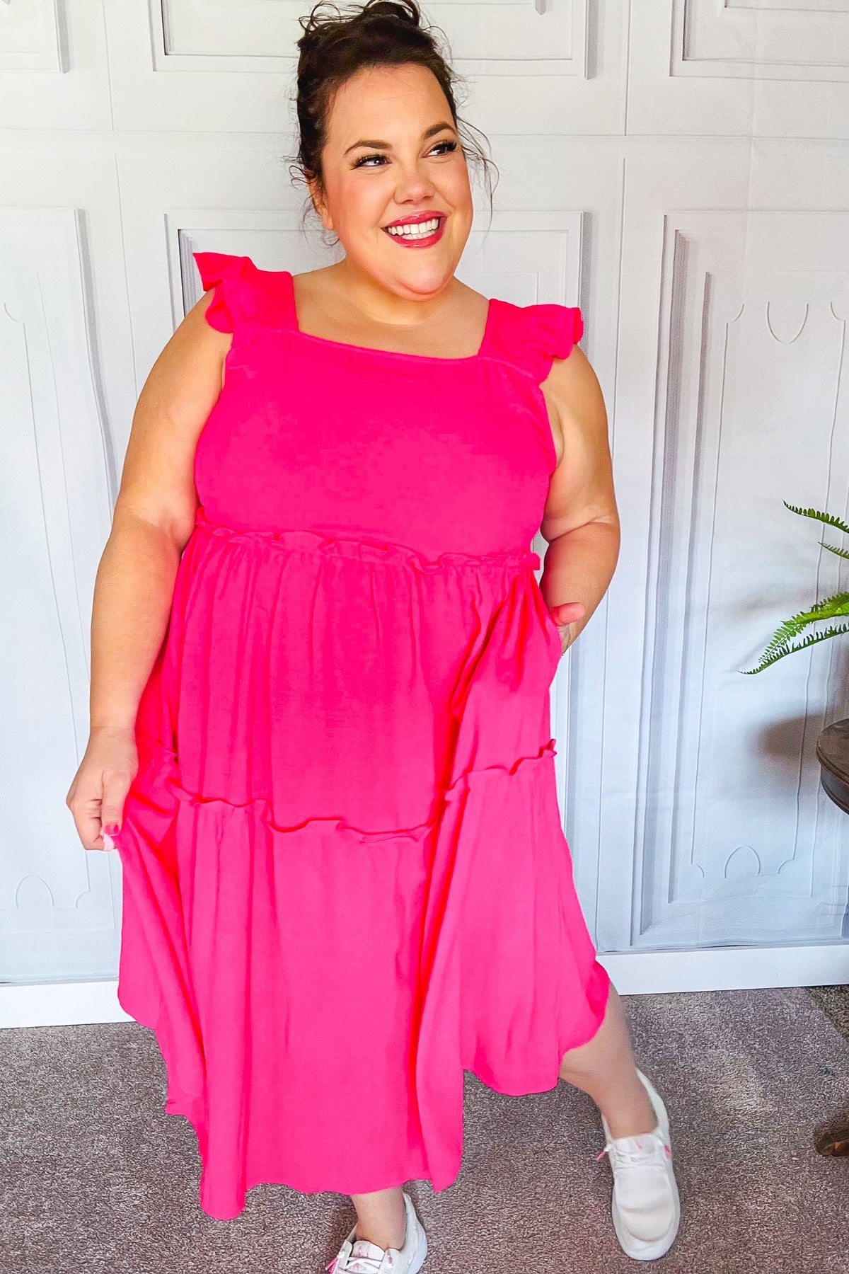 Fuchsia Smocked Flutter Sleeve Tiered Midi Dress for Women - Elegant Summer Casual & Wedding Guest Outfit