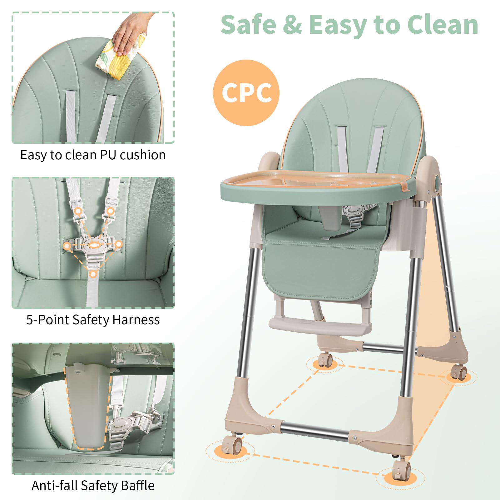 **Adjustable Baby High Chair for Infants & Toddlers - Foldable, 4-Wheel Design with Double Removable Trays - Supports Up to 50KG - Perfect for Feeding, Playtime & Dining**