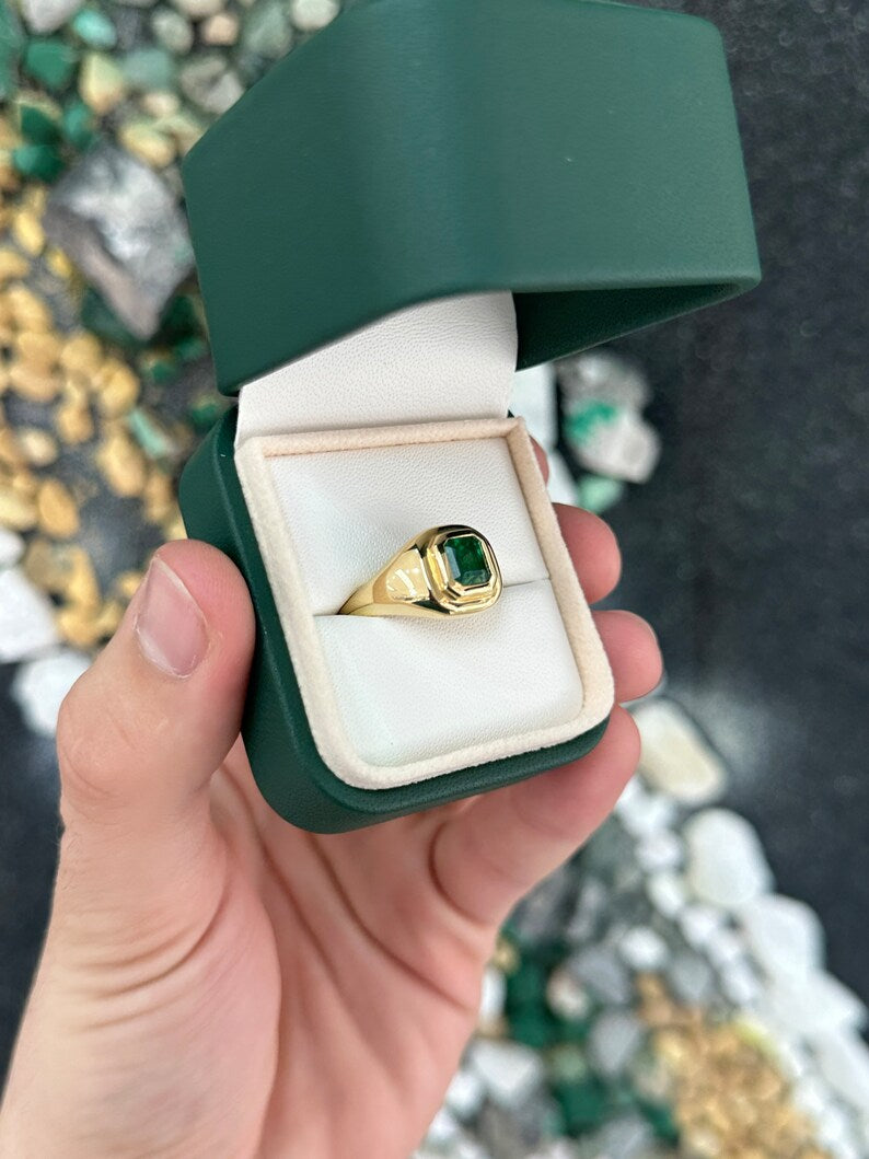 1.48ct 18K Gold Intense Double Bezel Dark Green Emerald Solitaire Ring - Luxury Unisex Asscher Cut Jewelry for Engagement, Anniversary & Special Occasions