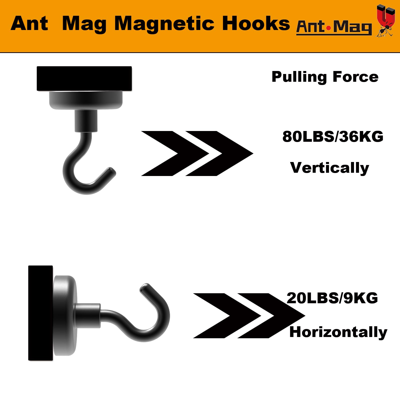Ant Mag Strong Neodymium Magnet Hooks - 80LBS Heavy Duty Hanging Hooks for Kitchen, Office, Home & Workplace (Pack of 4) - Perfect for Organizing Tools, Keys, Utensils & Decor