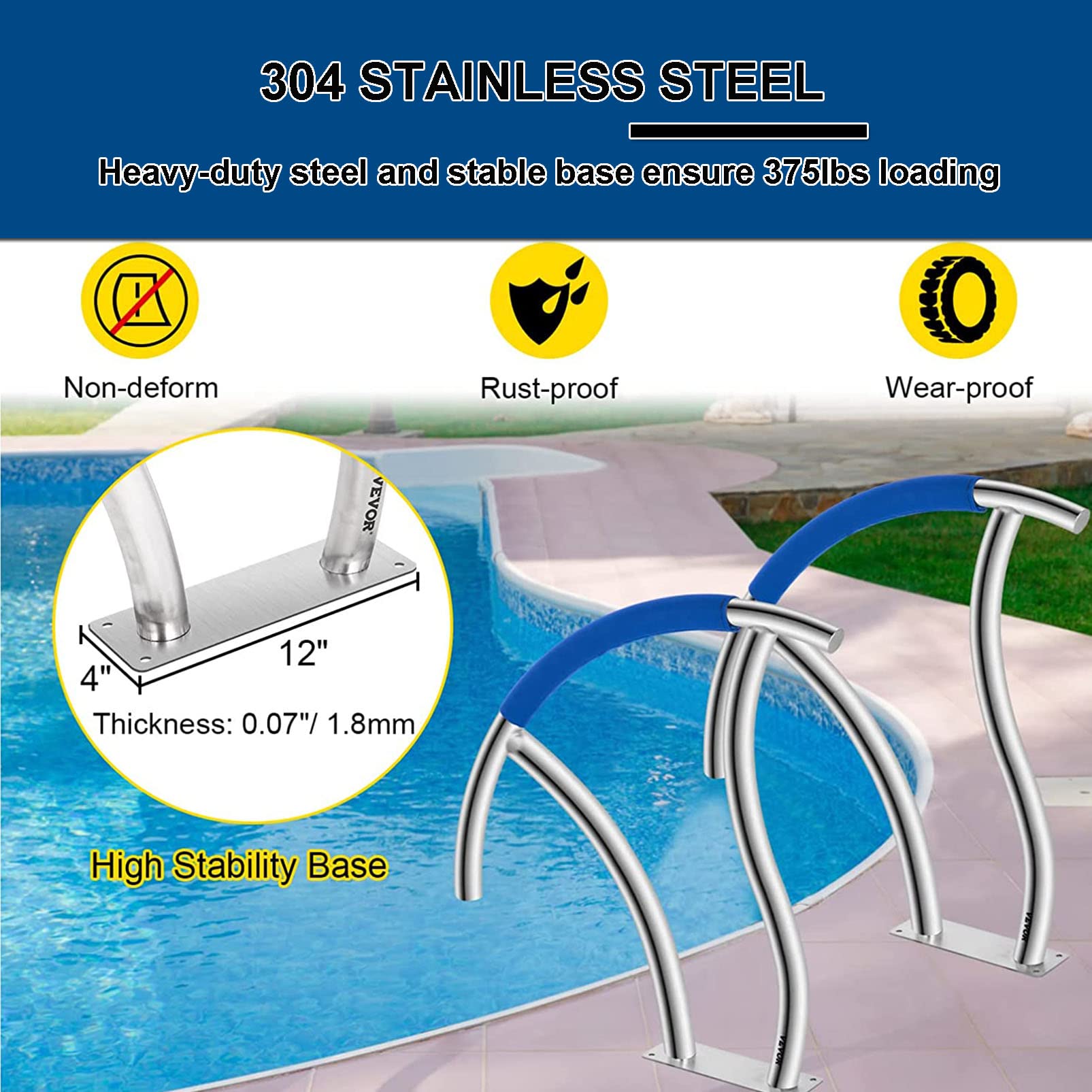 304 Stainless Steel Inground Pool Handrail - Rustproof Safety Railing with Blue Grip Cover & Anchors Screws for Swimming Pool Stairs | Durable Pool Accessory for Safety & Easy Entry/Exit
