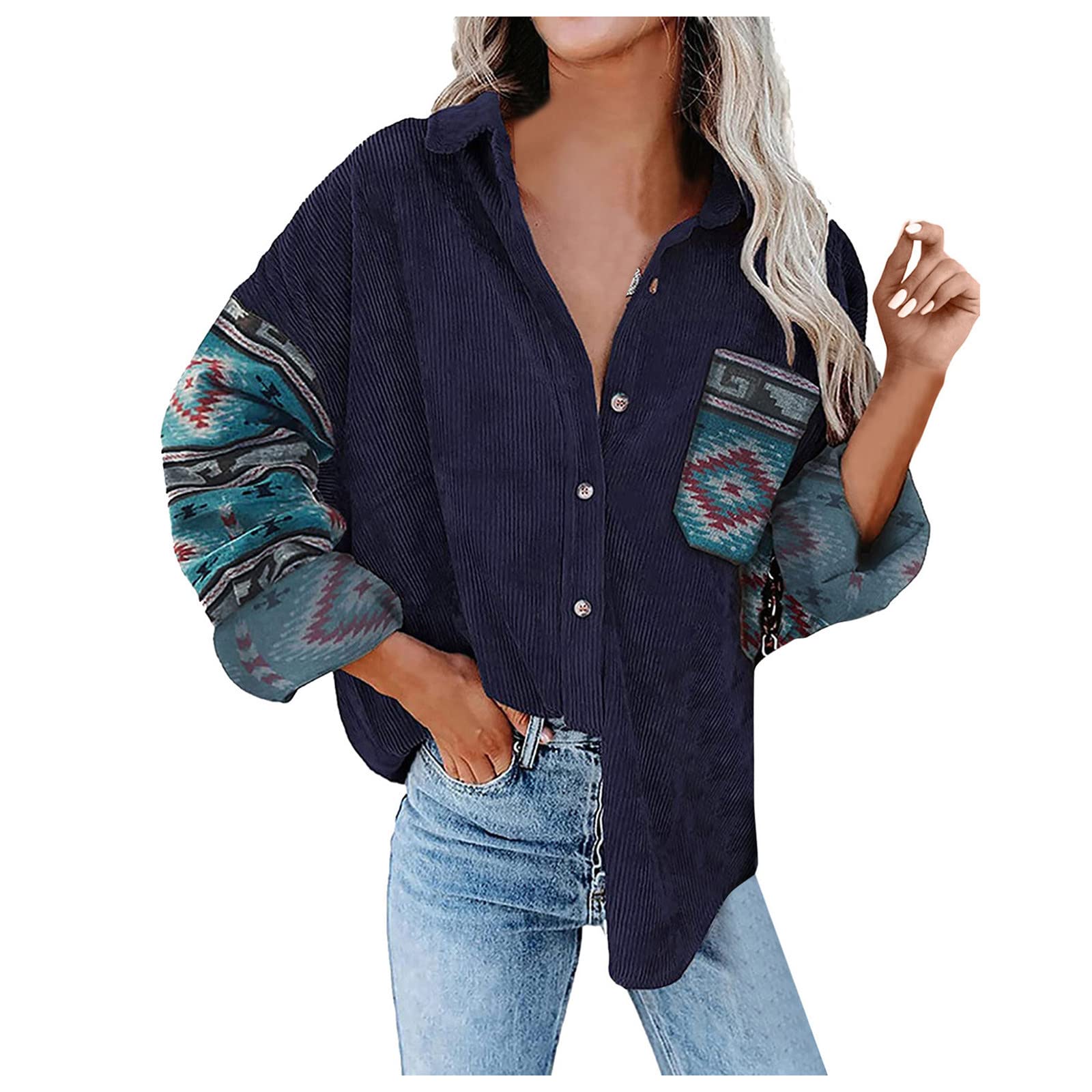 Women's Corduroy Plaid Long Sleeve Button-Down Shirt - Oversized Blouse Top Coat White T-Shirt for Casual Wear & Layering | Perfect for Fall Outfits, Office Looks & Weekend Style