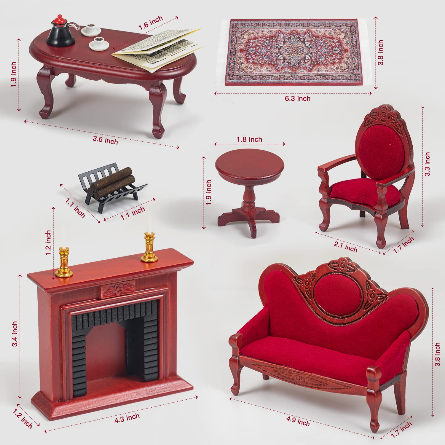 1:12 Scale Wooden Dollhouse Furniture Set - Miniature Living Room Accessories with Classic Sofa, Fireplace & Coffee Table for Dollhouse Play & Collectibles | Perfect for Kids, DIY Enthusiasts & Miniature Home Decor
