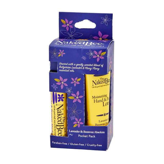 The Naked Bee Lavender & Beeswax Pocket Pack Gift Set - Natural Hand Cream & Lip Balm Trio for Dry Skin Care - Perfect for Travel, Gifts & Daily Moisturizing