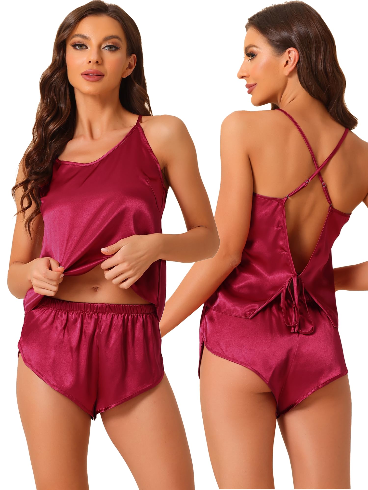 Cheibear Women's Satin Pajama Set - Backless Sexy Lingerie Sleepwear with Silky Cami Top & Shorts for Lounge, Sleep & Romantic Nights