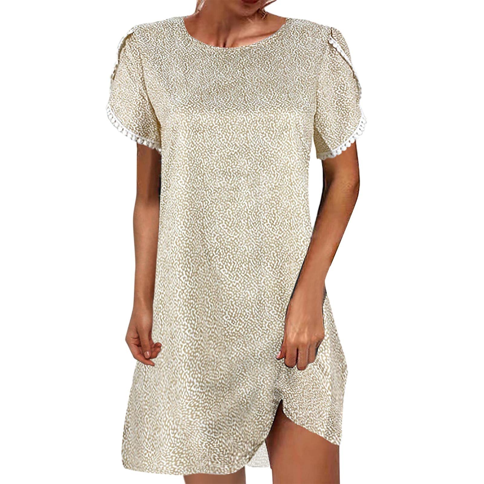 Women's White Spring Summer Dress - Casual Floral Print Round Neck Short Sleeve Lace Trim Dress for Outdoor Picnic, Beach Vacation & Party Wear
