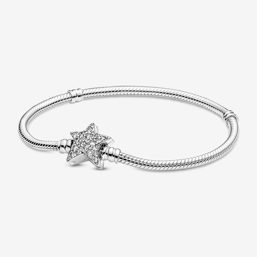 Pandora Moments Asymmetric Star Clasp Snake Chain Bracelet for Women - Sterling Silver Charm Bracelet with Clear Cubic Zirconia - Elegant Gift for Her with Gift Box - Perfect for Anniversaries, Birthdays & Special Occasions